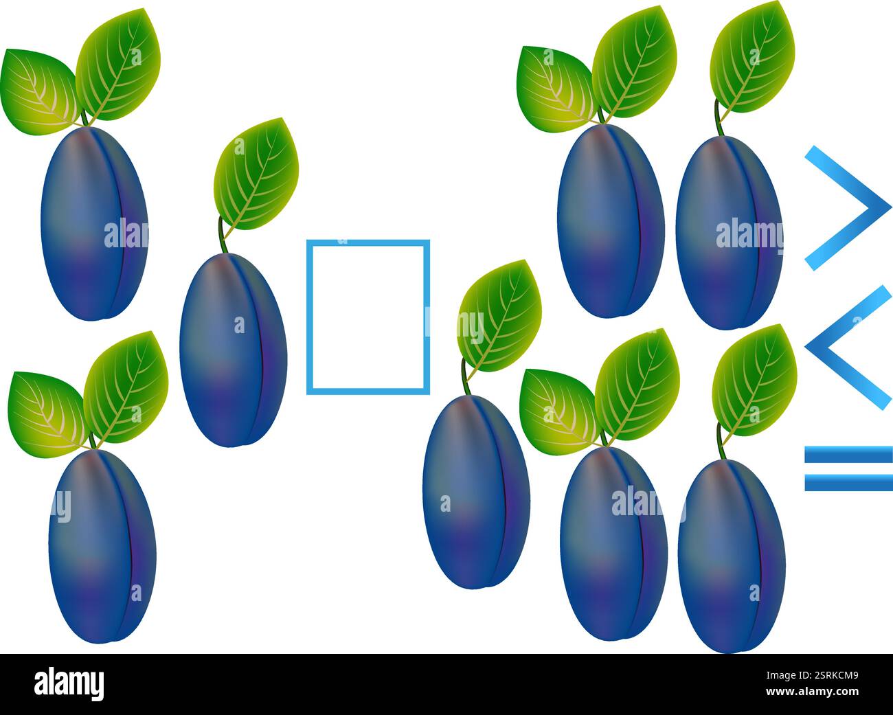 Gioco educativo per bambini, confronto del numero di prugne. Illustrazione Vettoriale