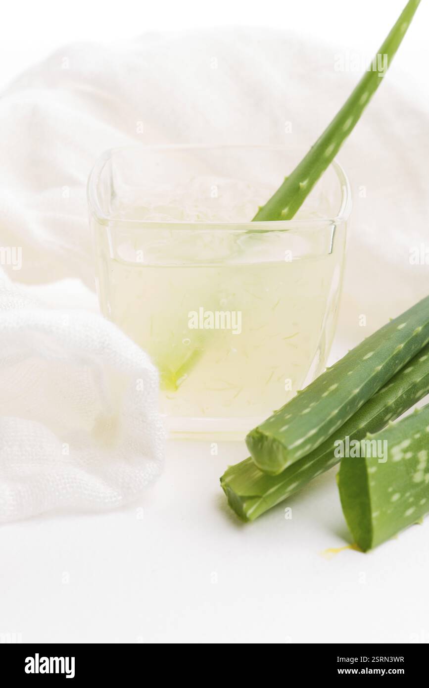 Vetreria con succo di aloe vera fresco e foglie Foto Stock