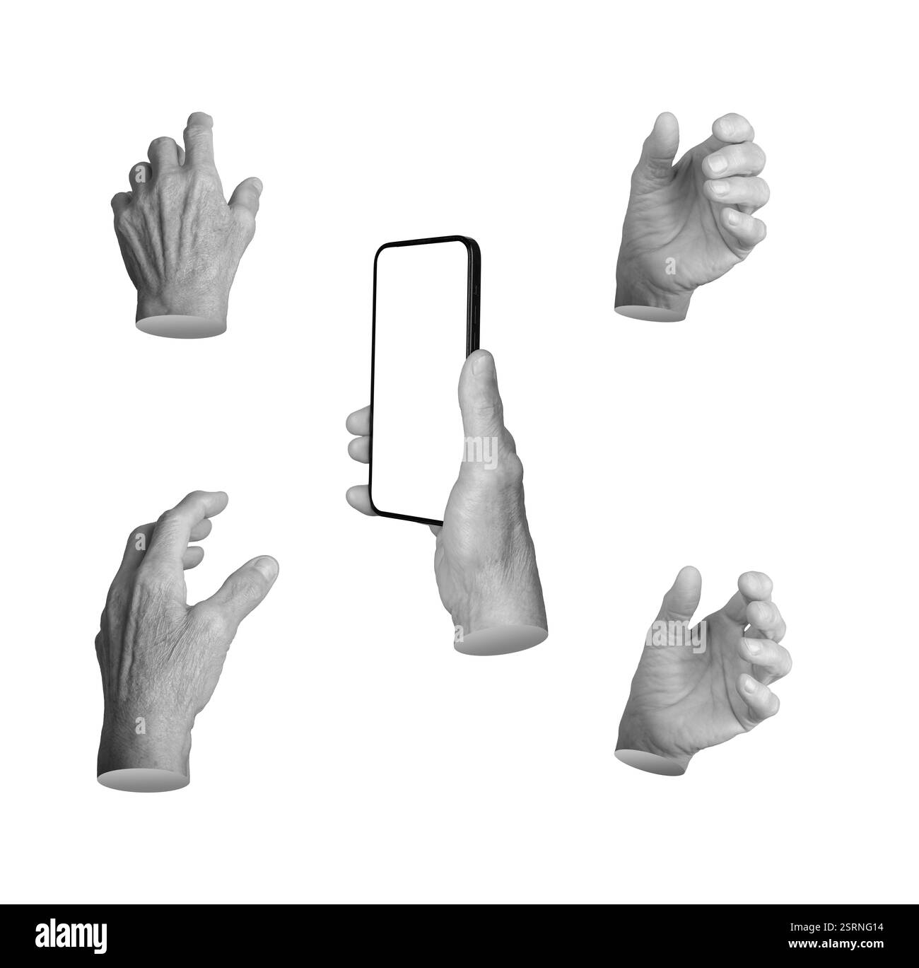 Set di mani femminili anziane in vari gesti, tra cui afferrare, afferrare, avvicinare e tenere in mano uno smartphone con uno schermo vuoto. Dito stropicciato Foto Stock