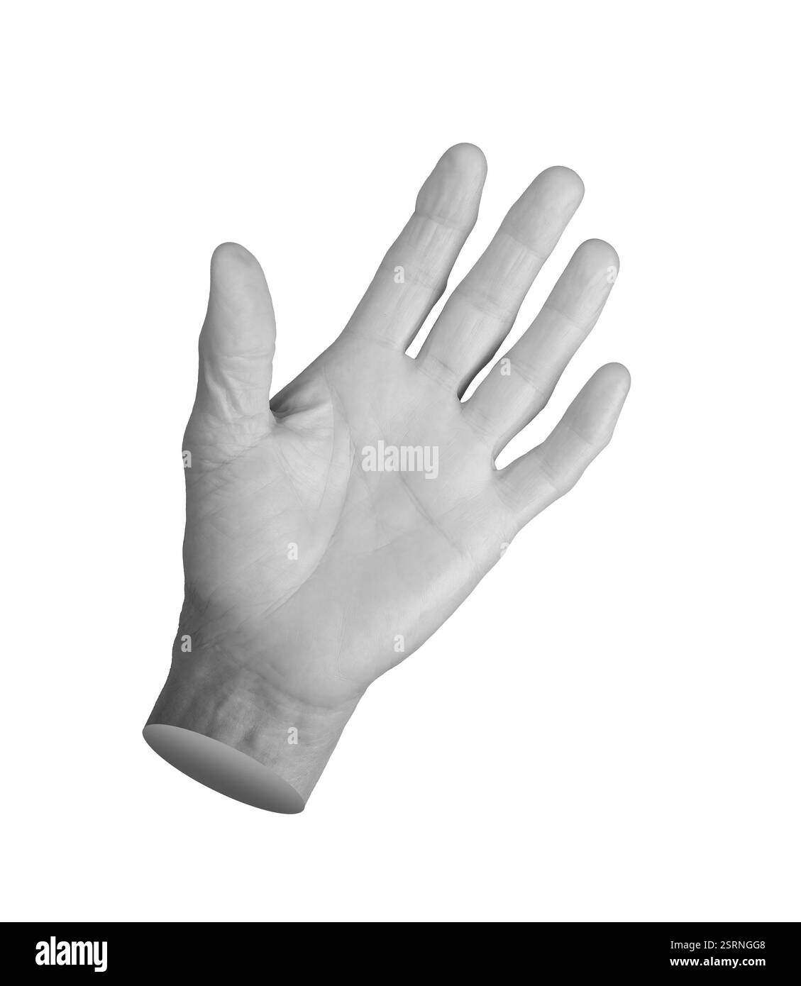 Donna anziana alzata la mano con un gesto di saluto, palmo aperto e dita sparse. Pelle ruvida che simboleggia la cordialità, la comunicazione e il dire inferno Foto Stock