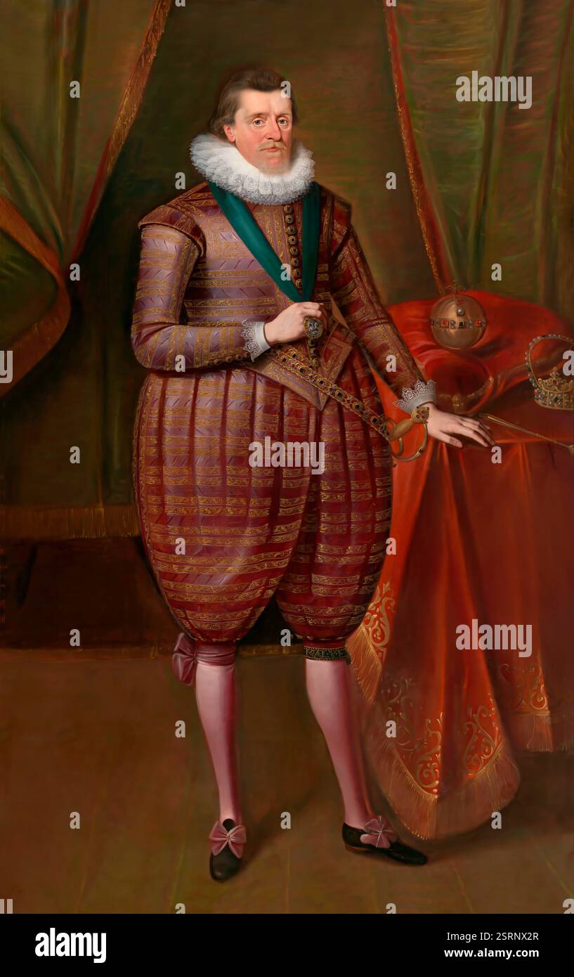 Giacomo vi e i, James Charles Stuart, 1566 – 1625, re d'Inghilterra, Scozia e Irlanda, edito digitalmente dopo un dipinto di Paul van Somer Foto Stock