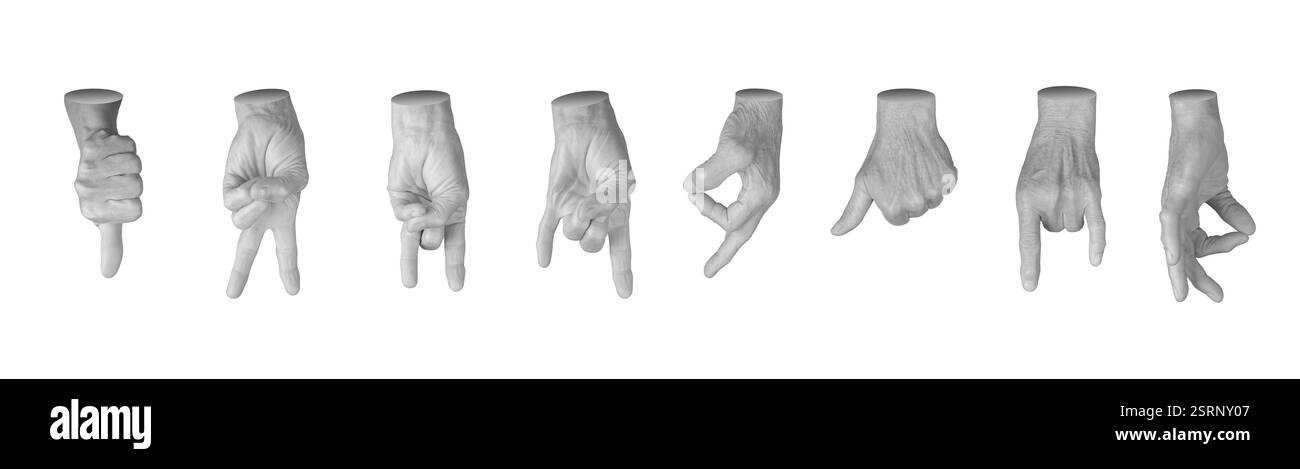 Set di mani anziane femminili che fanno vari gesti, tra cui pollice in alto, segno di OK, pace, vittoria, pugno chiuso e gesti capovolti. Grinze f Foto Stock