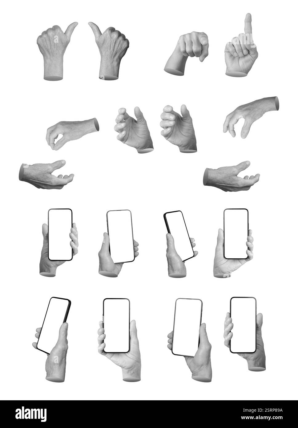 Set di mani anziane femminili che eseguono vari gesti, tra cui tenere uno smartphone, puntare, avvicinare i pollici, pizzicare e afferrare. Dita stropicciate emp Foto Stock