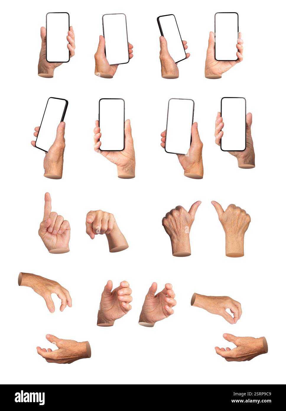 Set di mani anziane femminili che eseguono vari gesti, tra cui puntare, avvicinare i pollici, pizzicare, afferrare, e tenere uno smartphone con una schermata vuota. Foto Stock