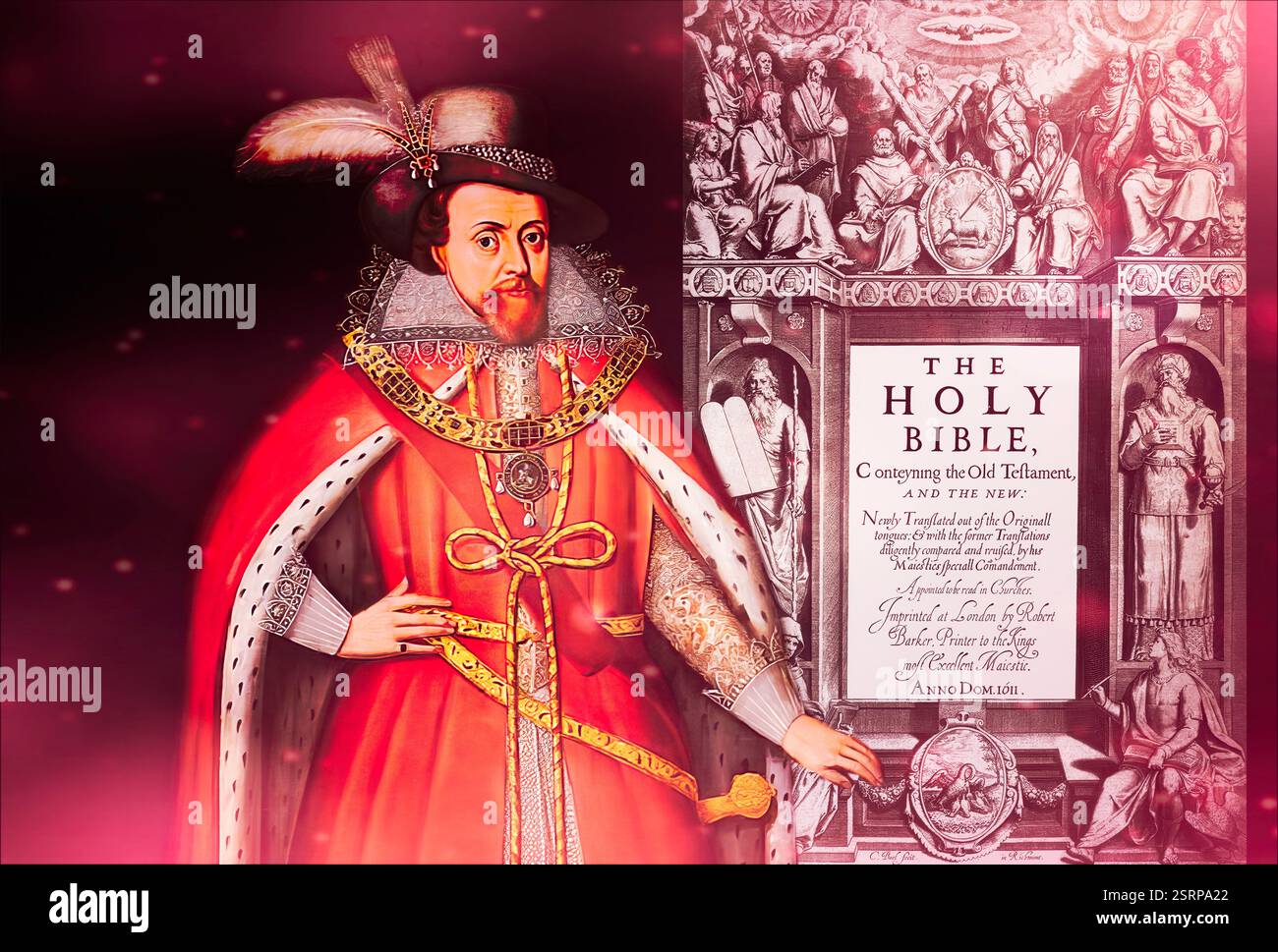 Giacomo vi e i, James Charles Stuart, 1566 – 1625, re d'Inghilterra, Scozia e Irlanda, Frontespiece to the King James' Bible, 1611, editato digitalmente Foto Stock