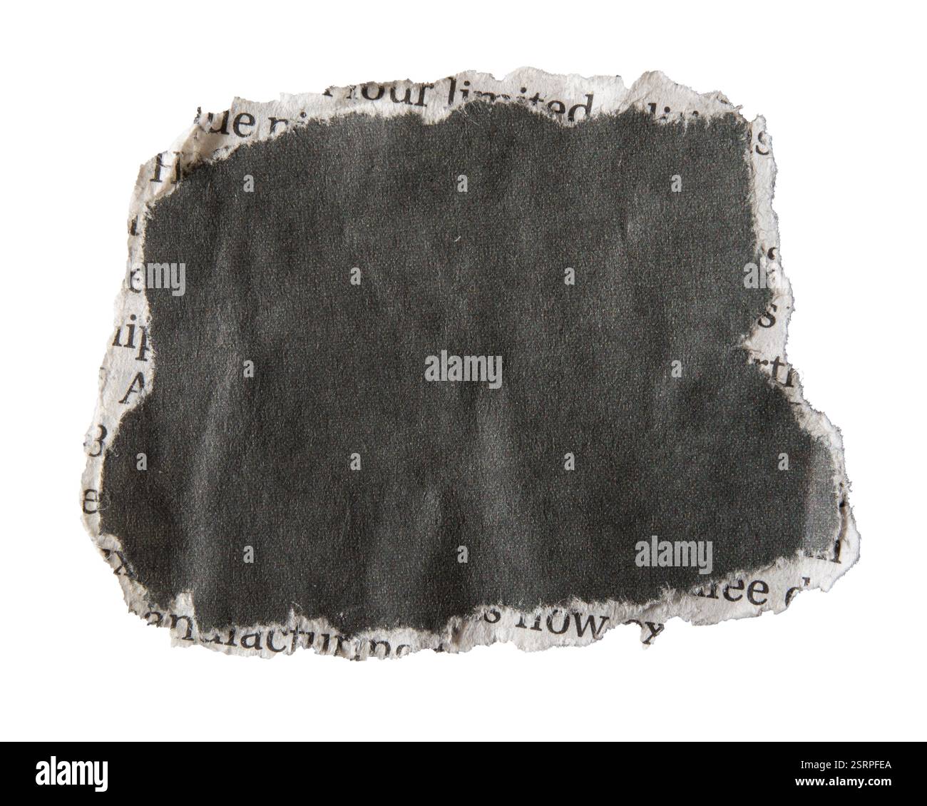 Sfondo del messaggio strappato su un giornale nero su sfondo bianco con percorso di ritaglio Foto Stock