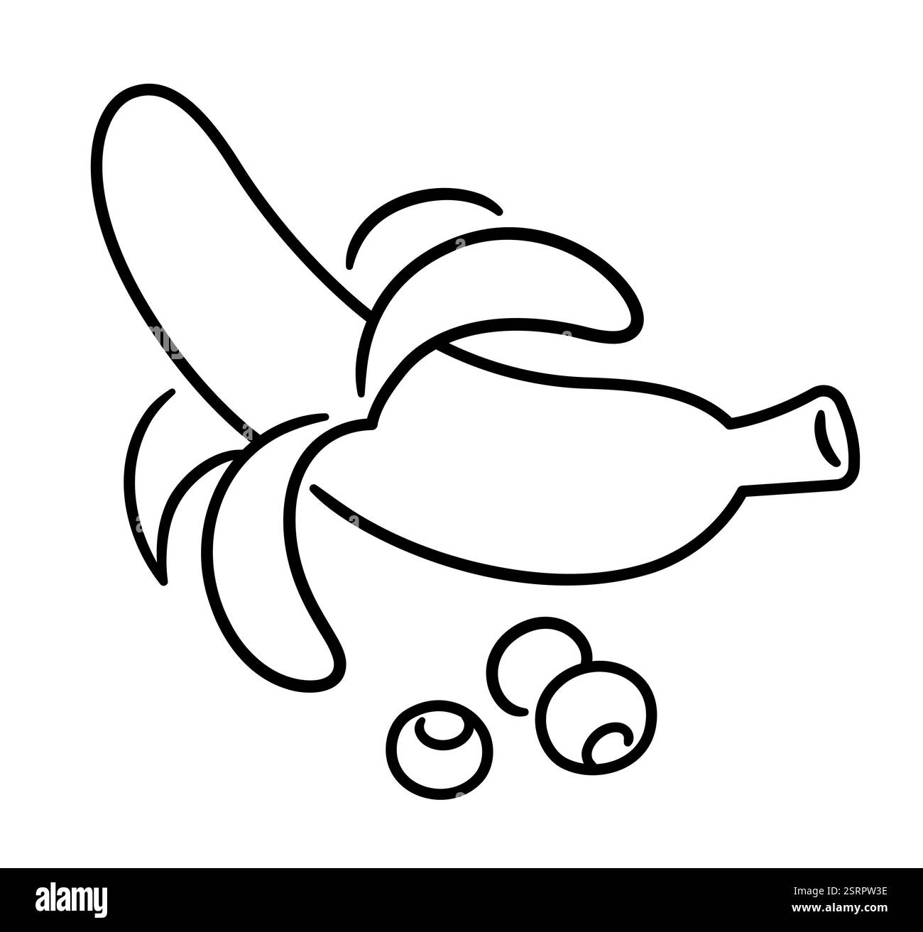 Banana sbucciata e mirtilli, icona di doodle disegnata a mano. Disegni in bianco e nero. Disegno semplice, illustrazione grafica a clip vettoriale. Illustrazione Vettoriale