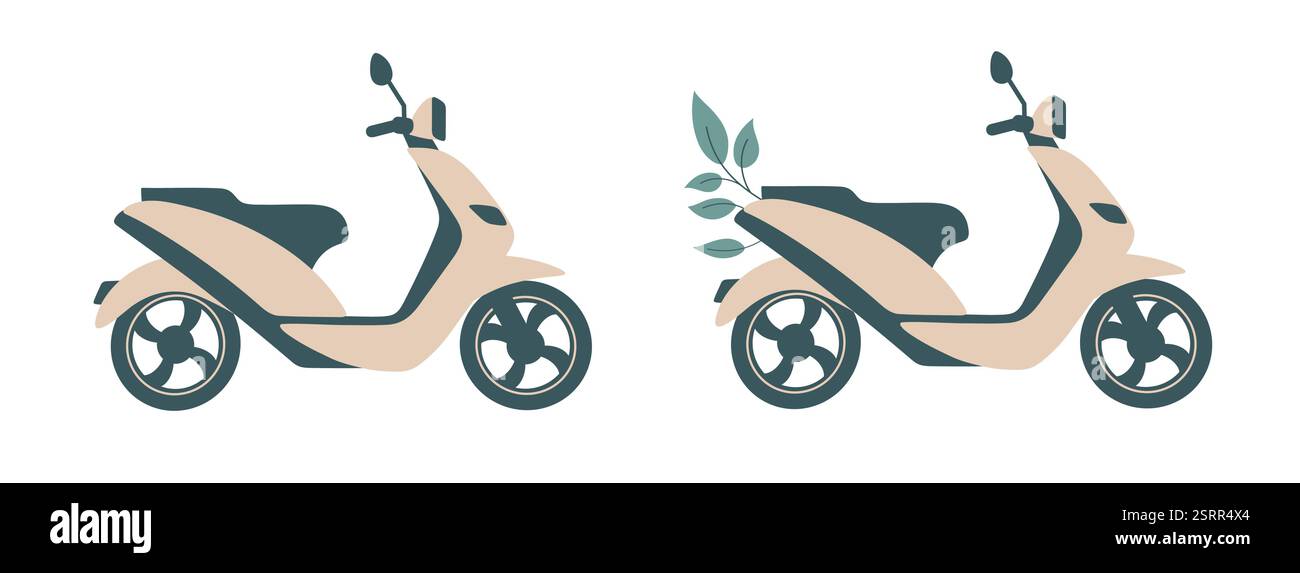 Le illustrazioni Vector Flat Art sono caratterizzate da due scooter ecologici in uno stile minimalista e moderno. Illustrazione Vettoriale
