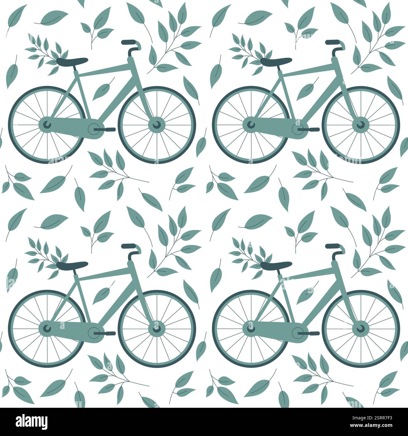 Il motivo Vector flat art eco senza cuciture è caratterizzato da biciclette e foglie verdi. Illustrazione Vettoriale