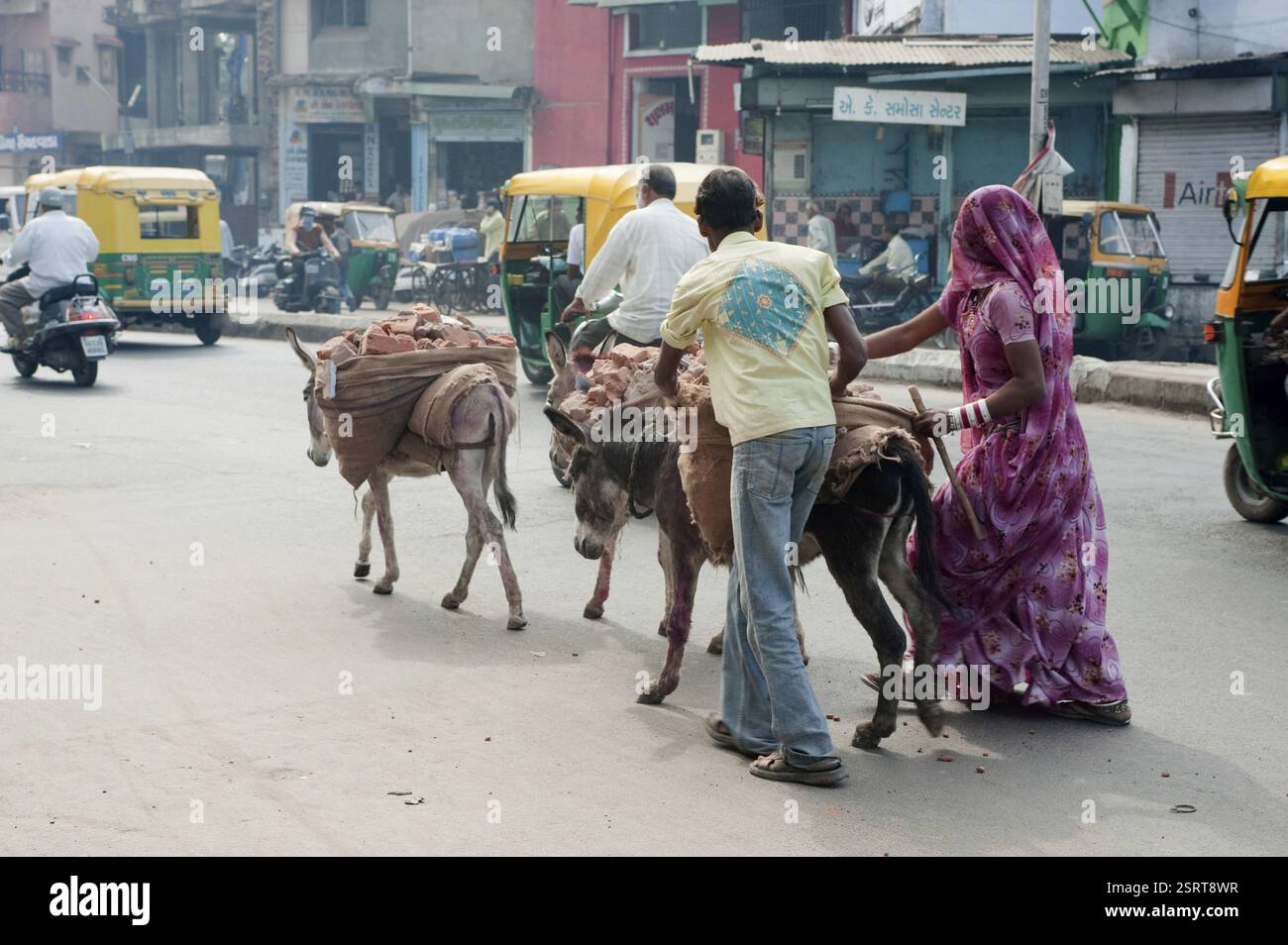 Uomo e donna che trasportano mattoni sugli asini, Ahmedabad, Gujarat, India, Asia Foto Stock