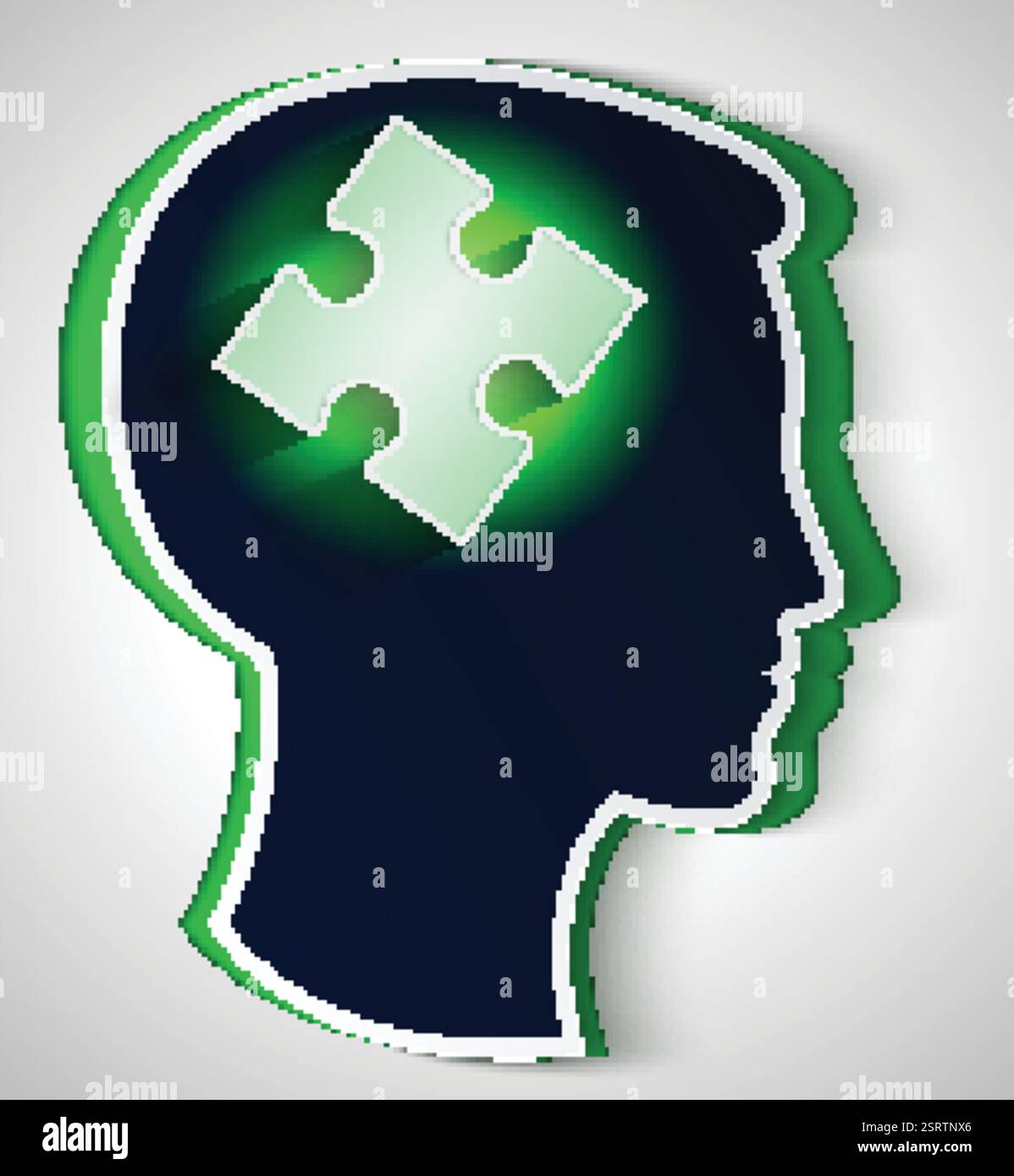 Testa umana. concetto di una nuova idea, pezzo del puzzle nella forma di un cervello di colore verde Illustrazione Vettoriale