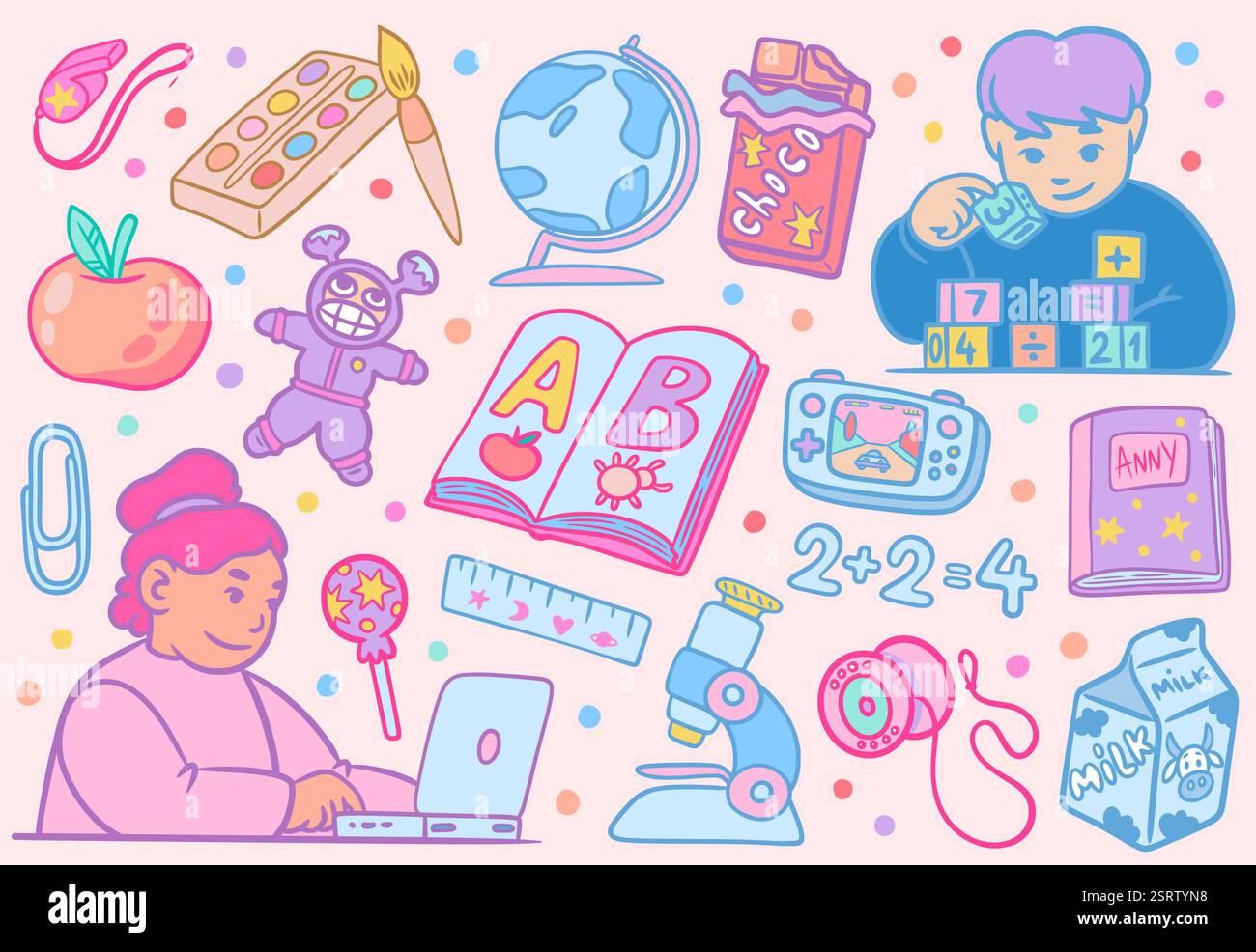Icone della scuola. Carini bambini scienza. Bambini che leggono il libro ABC. Ragazzo che gioca con i blocchi giocattolo. Globo o o microscopio. Cartoleria degli studenti. Borsa per studio Illustrazione Vettoriale