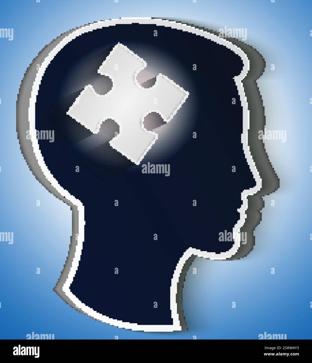 Testa umana. concetto di una nuova idea, pezzo del puzzle nella forma di un cervello di colore bianco Illustrazione Vettoriale