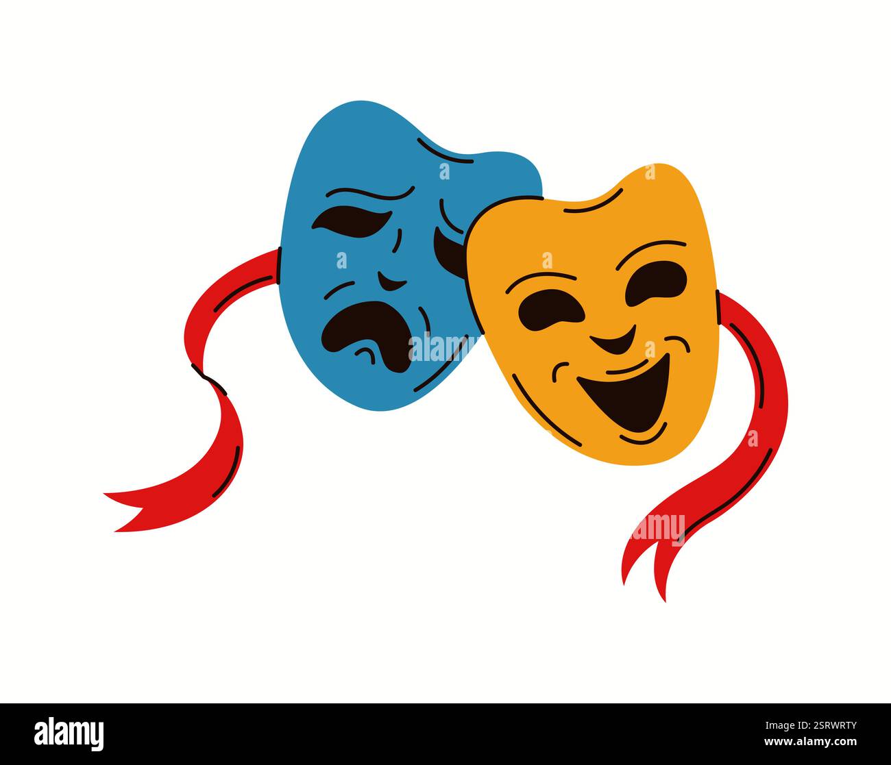 Illustrazione di maschere classiche di commedia e teatro tragico, rappresentando la dualità delle emozioni nelle rappresentazioni cinematografiche e teatrali, disegnate in un'ottica vibrante Illustrazione Vettoriale