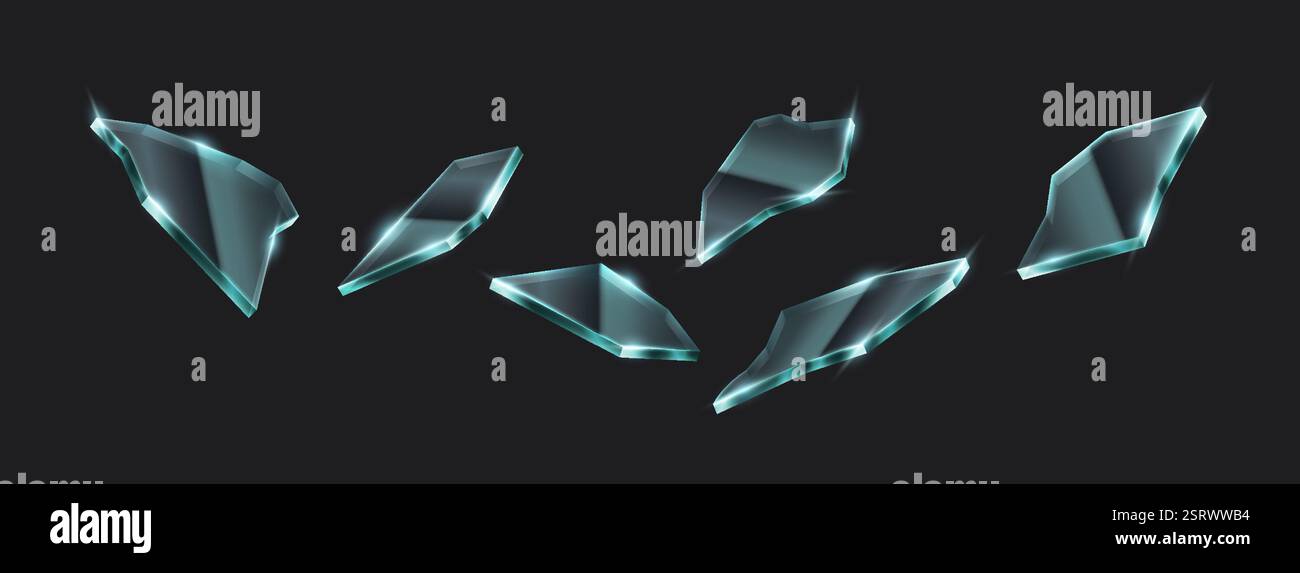 Realistica illustrazione 3D di frammenti di vetro fluttuanti su sfondo scuro, con bordi nitidi e riflessi luminosi. Ideale per videografica straordinaria e. Illustrazione Vettoriale