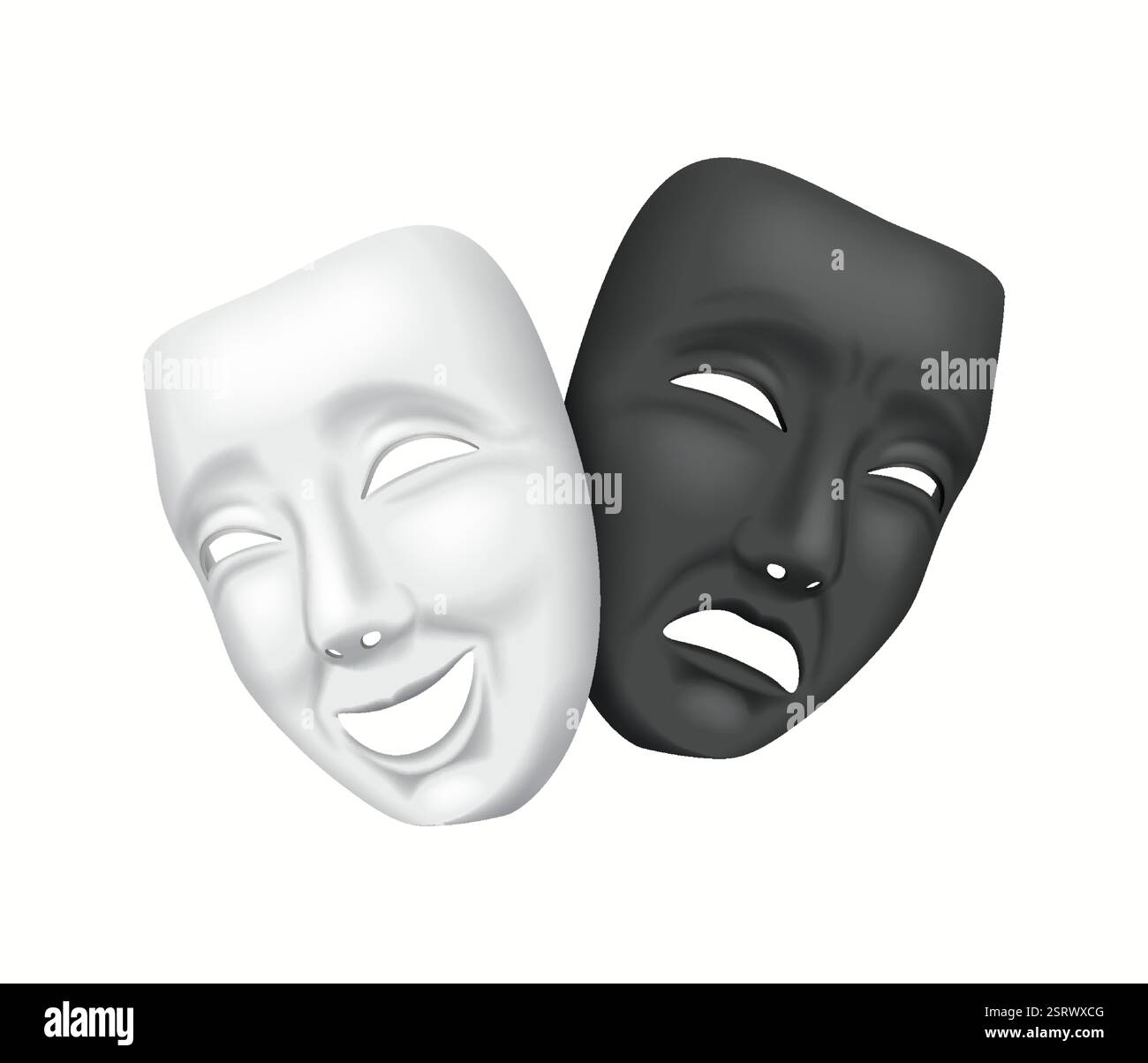 Illustrazione 3D realistica di maschere classiche rappresentative di teatro drammatico e comico, ampiamente utilizzata nel cinema, nelle arti dello spettacolo e nelle rappresentazioni teatrali. Illustrazione Vettoriale