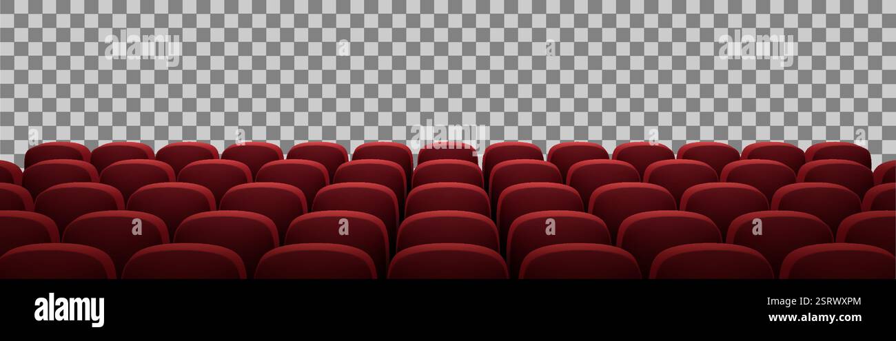 Immagine vettoriale con rendering 3D di una disposizione dei posti a sedere di una sala cinematografica con morbide sedie rosse in una disposizione semicircolare. La prospettiva enfatizza gli immer Illustrazione Vettoriale