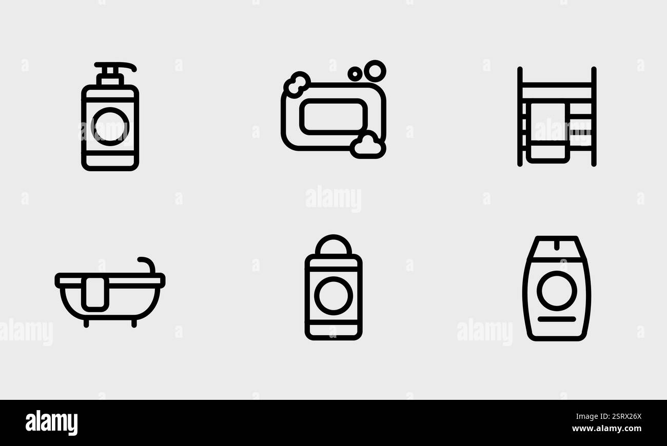 Set di simboli per il bagno: Sapone piatto, deo, riscaldatore, simboli per la vasca da bagno. Illustrazione Vettoriale