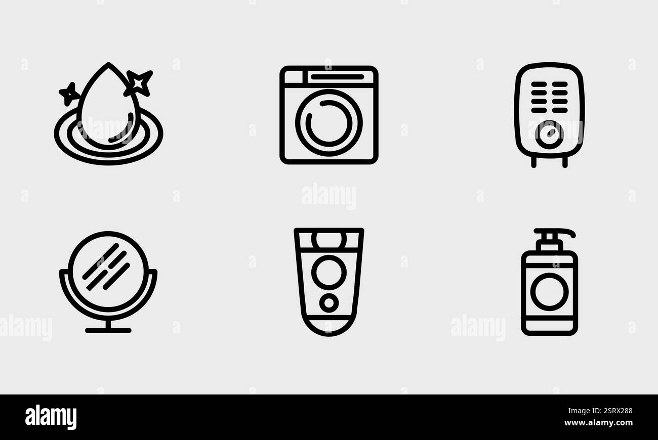 Set di simboli per il bagno: Acqua pulita piatta, rasoio, specchio, simboli sapone. Illustrazione Vettoriale