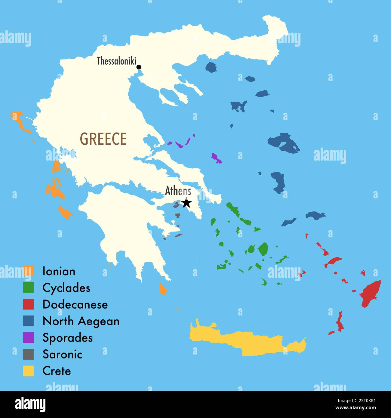 Mappa della Grecia evidenziando gruppi di isole con colori - Infografica Foto Stock