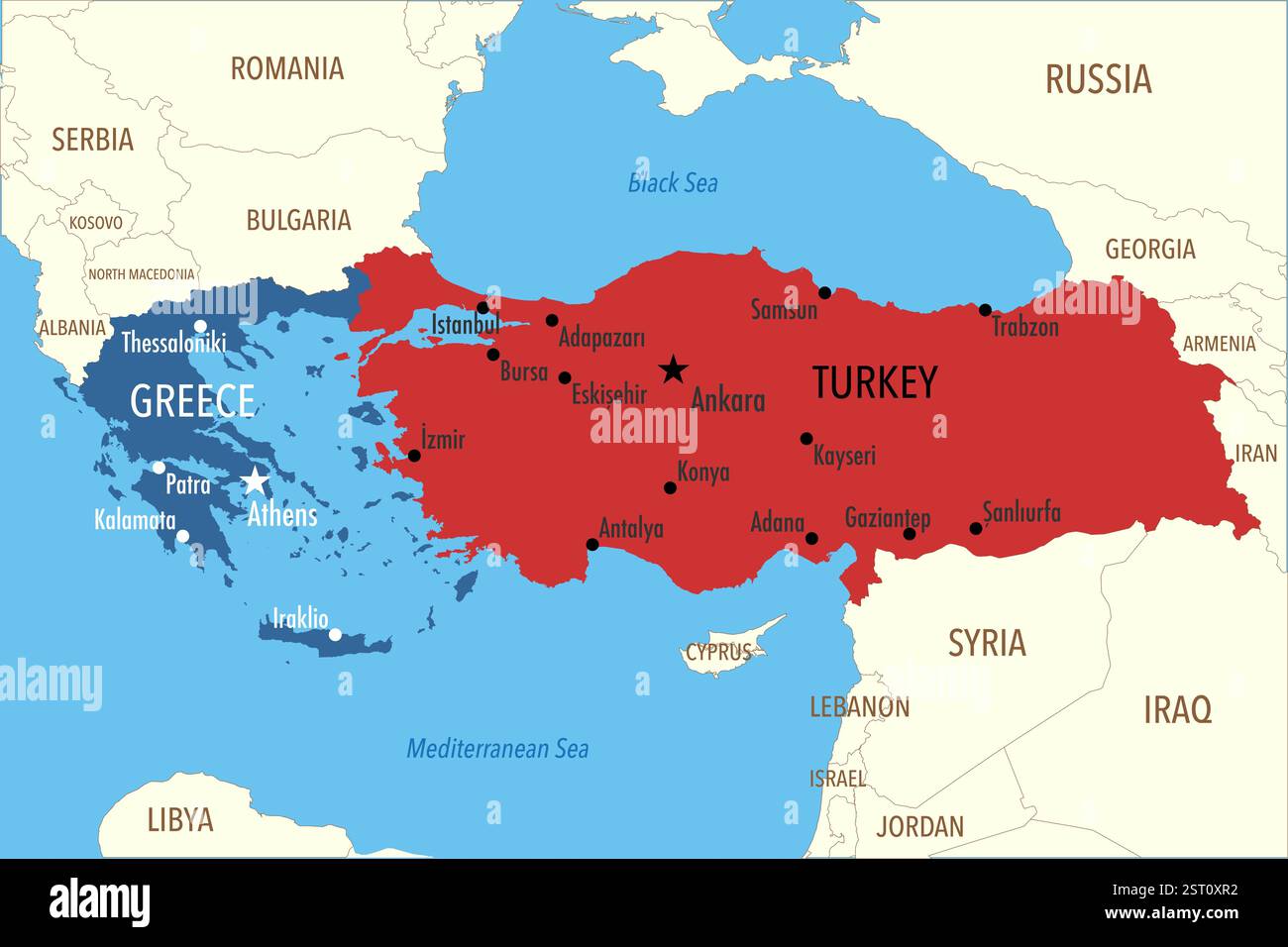 Mappa della Grecia e della Turchia (Turkiye) con capitali, grandi città e paesi vicini Foto Stock
