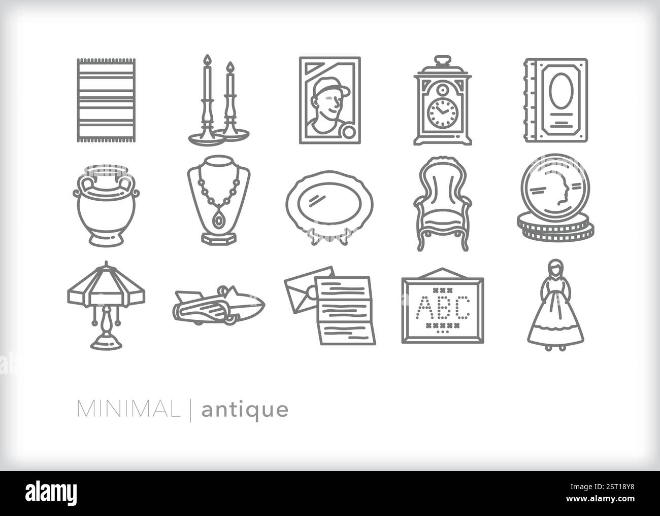 Serie di icone di categorie di oggetti d'antiquariato e da collezione comuni, tra cui orologi, ceramiche, mobili, cimeli sportivi, gioielli, giocattoli e antichità Illustrazione Vettoriale