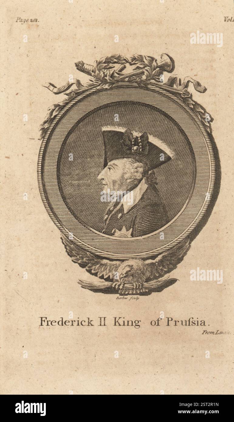 Federico II, re di Prussia, Federico il grande, 1712-1786. Busto come un vecchio in tricorne, pigtail, uniforme militare con stella dell'ordine dell'Aquila Nera in una cornice rotonda con decorazioni militari. Incisione su lastra di John Barlow dopo un dipinto di Daniel Chodowiecki del Rev. Johann Kaspar Lavater e The Whole Works of Lavater on Physiognomy di John Grenville, W. Butters, W. Simmonds, Londra, 1797. Foto Stock