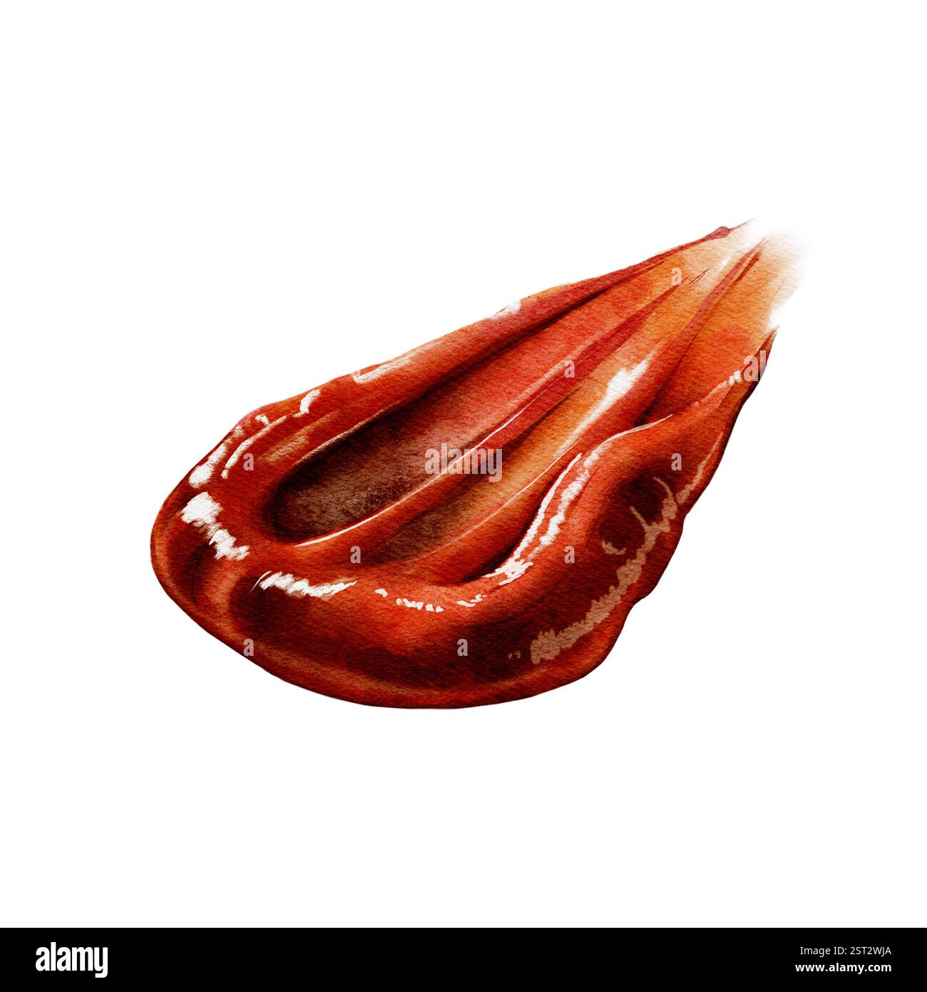 Appetitosa illustrazione di salsa barbecue, fatta con tecnica acquerello. La consistenza spessa e il colore ricco trasmettono il realismo del prodotto. Ideale per progetti culinari, menu e ricette. Foto Stock