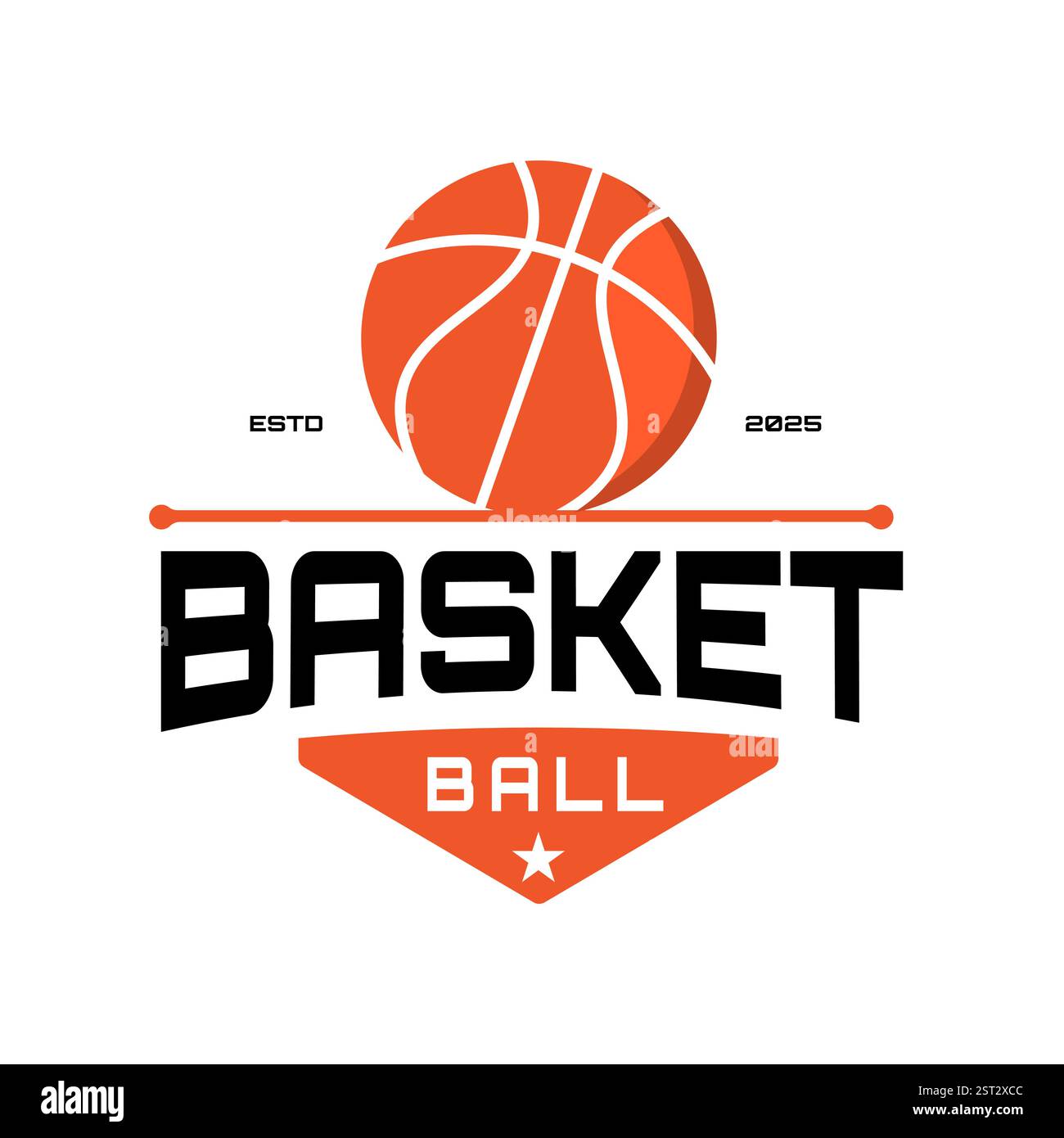 Logo della squadra di pallacanestro sportiva americana, emblema, design con palla. Modello di illustrazione vettoriale del badge sportivo su sfondo bianco Illustrazione Vettoriale