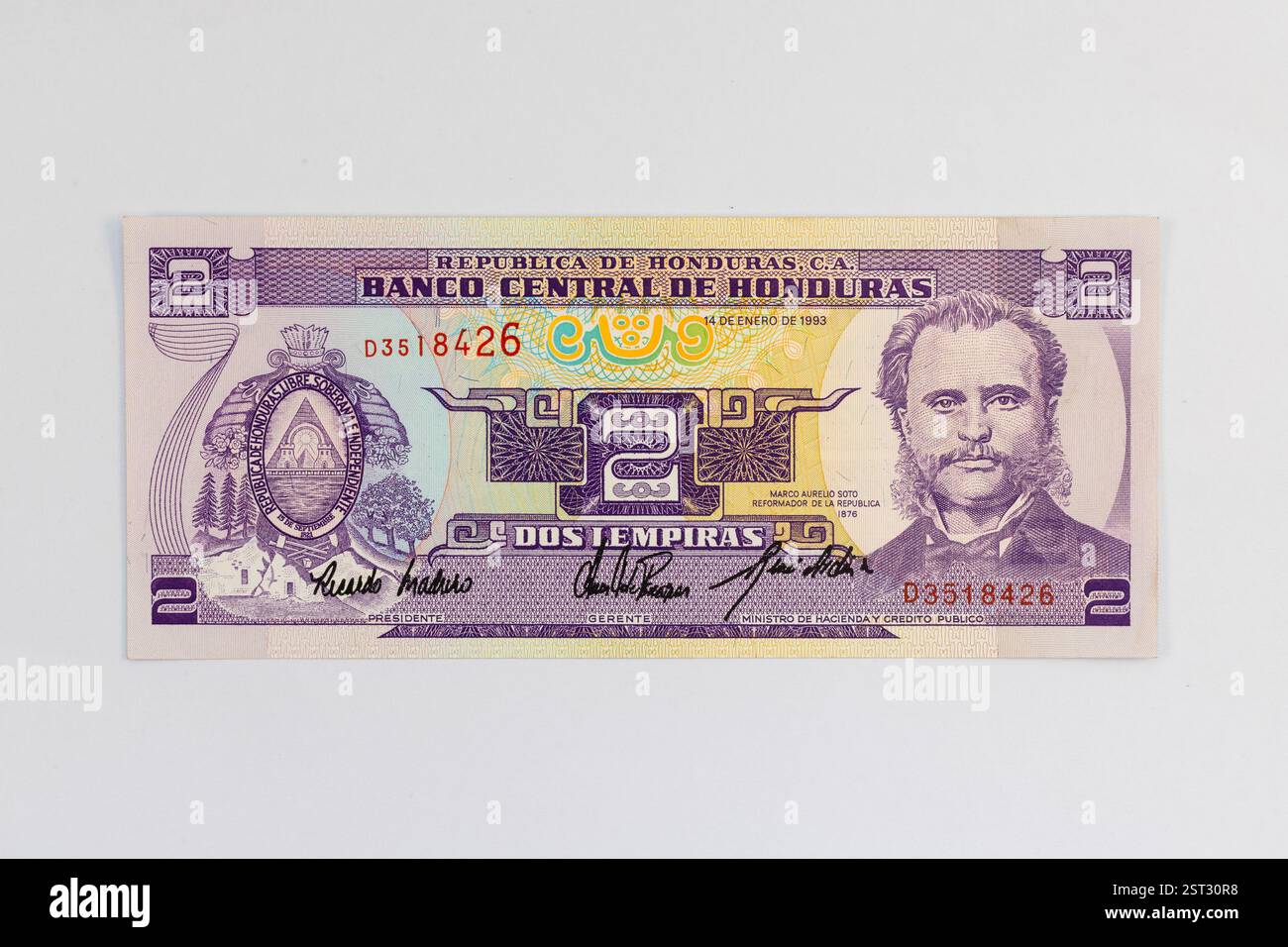 Il design del fronte Honduras 2 Lempiras presenta Marco Aurelio Soto (che era presidente della guerra dell'Honduras 1876-1883). Foto Stock