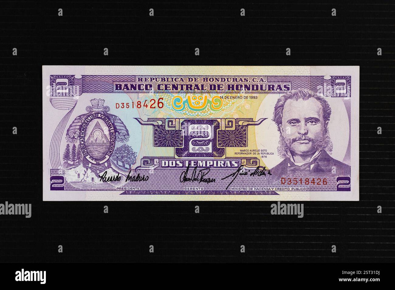 Il design del fronte Honduras 2 Lempiras presenta Marco Aurelio Soto (che era presidente della guerra dell'Honduras 1876-1883). Foto Stock