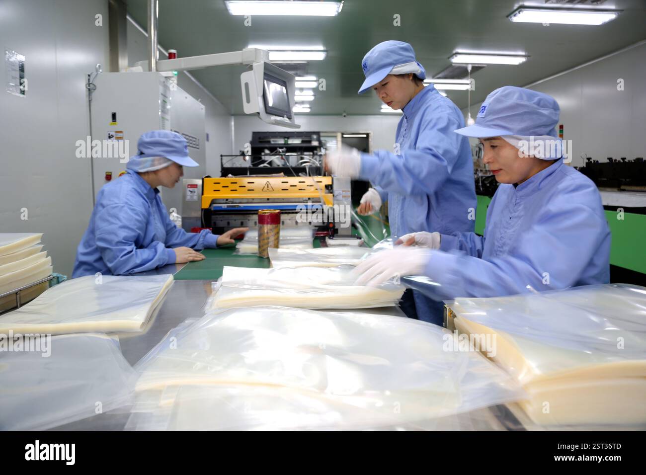 I lavoratori stanno lavorando alla linea di produzione di un laboratorio presso Zhongjin Matai Pharmaceutical Packaging Co Ltd a Lianyungang, provincia di Jiangsu, Cina, Fe Foto Stock