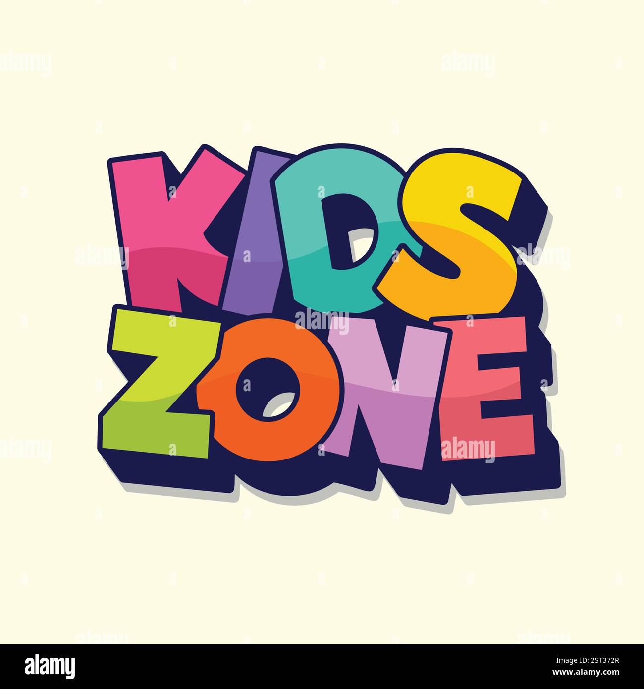 Logo della zona per bambini con colorato carattere cartoni animati per l'area giochi per bambini o la sala giochi. Illustrazione vettoriale delle lettere a bolla modificabili nella sala giochi e divertimento Illustrazione Vettoriale