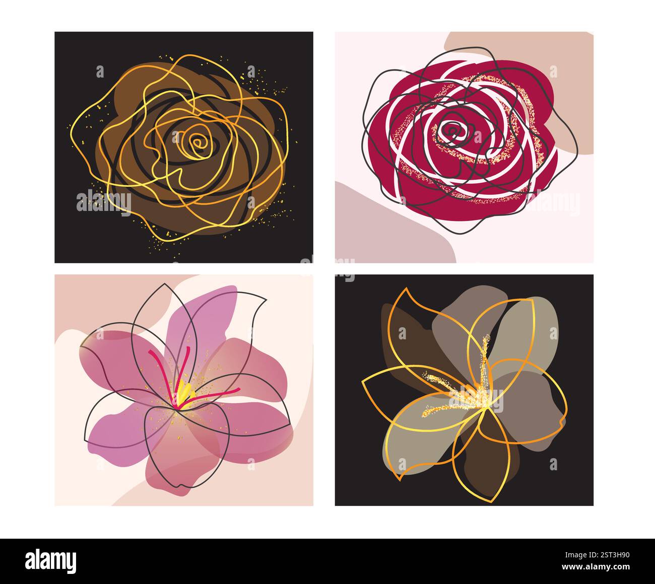 Set vettoriale per arte floreale. Elemento linea artistica astratta fiore nel layout creativo del design artistico. Illustrazione vettoriale collezione di opere d'arte floreali. Illustrazione Vettoriale