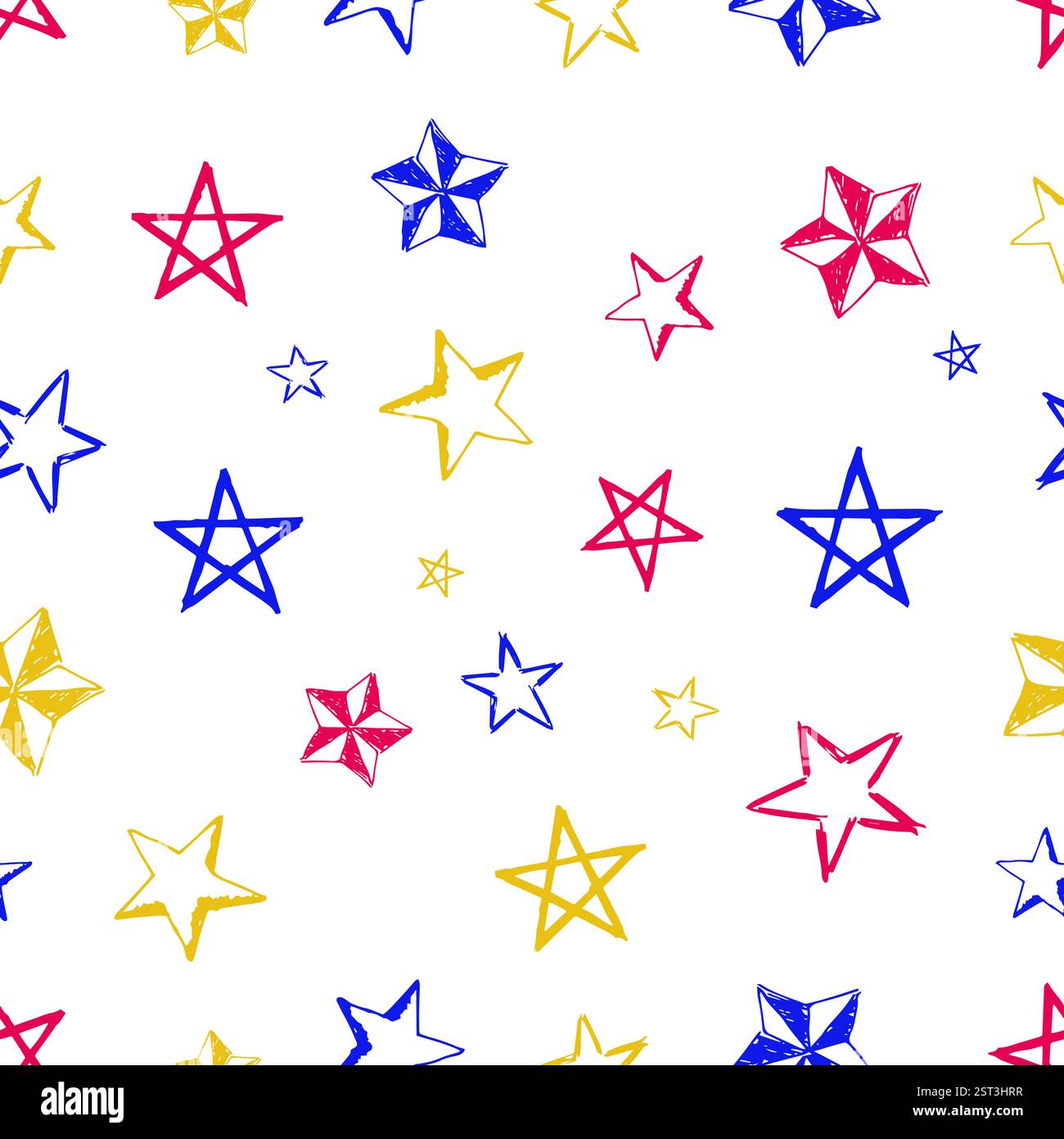 Sfondo perfetto di stelle doodle. Stelle multicolore disegnate a mano su sfondo bianco. Illustrazione vettoriale Illustrazione Vettoriale