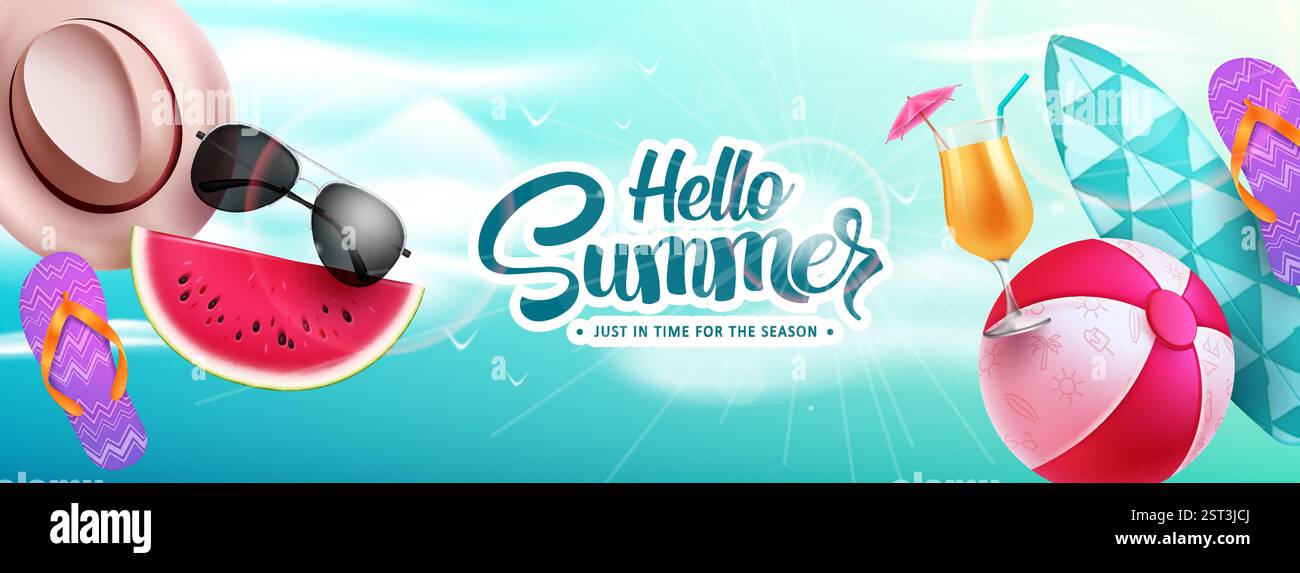 Buongiorno sfondo vettoriale estivo. Hello Summer text con coloratissimi elementi da spiaggia per le vacanze. Illustrazione vettoriale saluto estivo Illustrazione Vettoriale