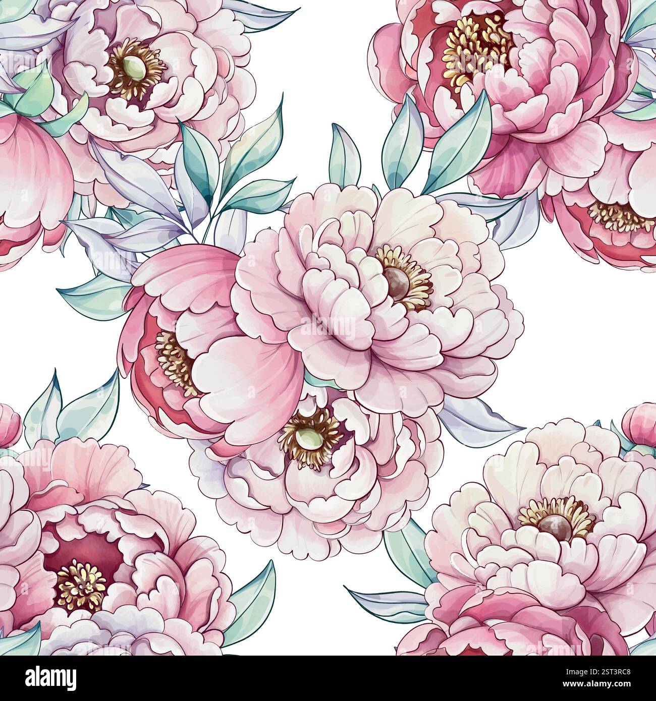 Le peonie in fiore danzano insieme in una sinfonia di colori pastello, mostrando la natura tenera bellezza in eleganti tratti di acquerello con motivo senza cuciture Illustrazione Vettoriale