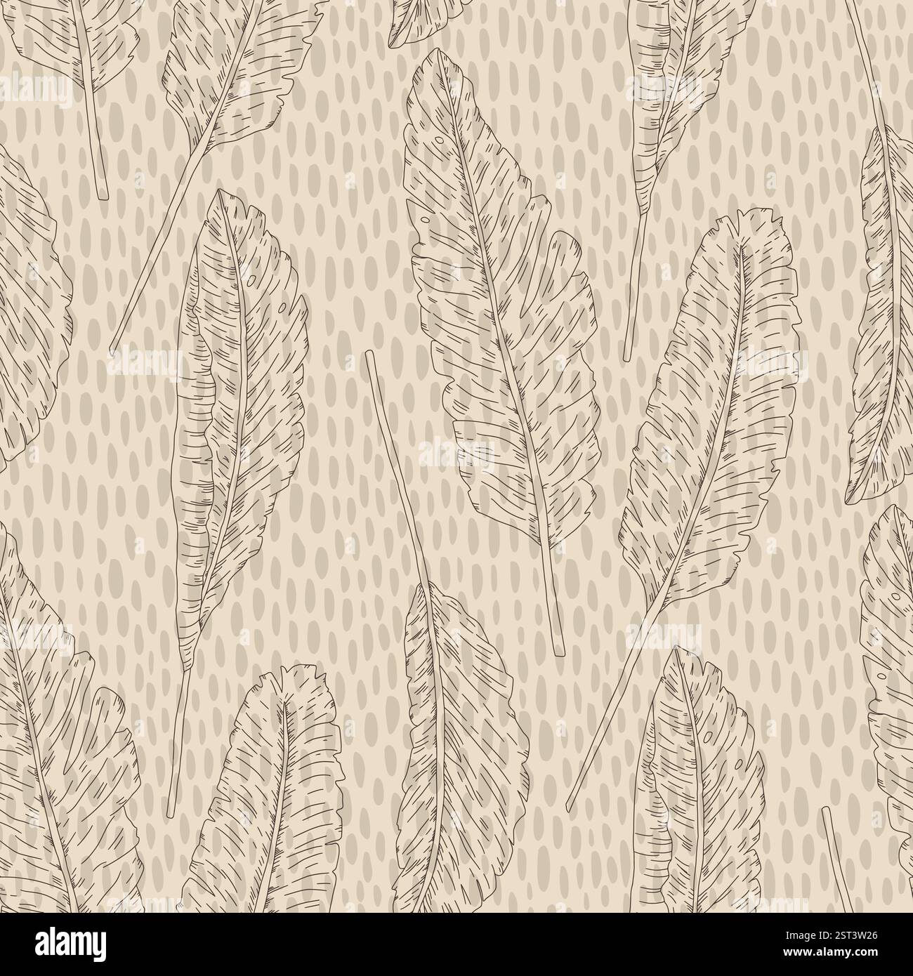 Motivo monocromatico beige banana senza cuciture. Vegetazione beige della giungla sfondo infinito. Ornamento continuo retrò. Design con motivo di superficie tropicale m Illustrazione Vettoriale