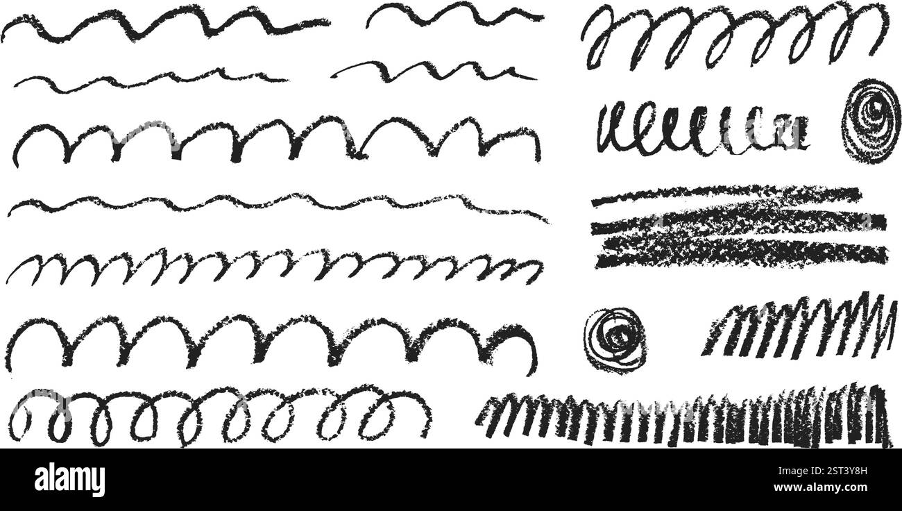 Set di sottolineatura carbone. Confezione di linee di tracciatura a matita. Scarabocchiare con gesso tratti ruvidi. Grunge gli elementi irregolari. Forme di enfasi del pastello. Coll. Disegnato a mano vettoriale Illustrazione Vettoriale