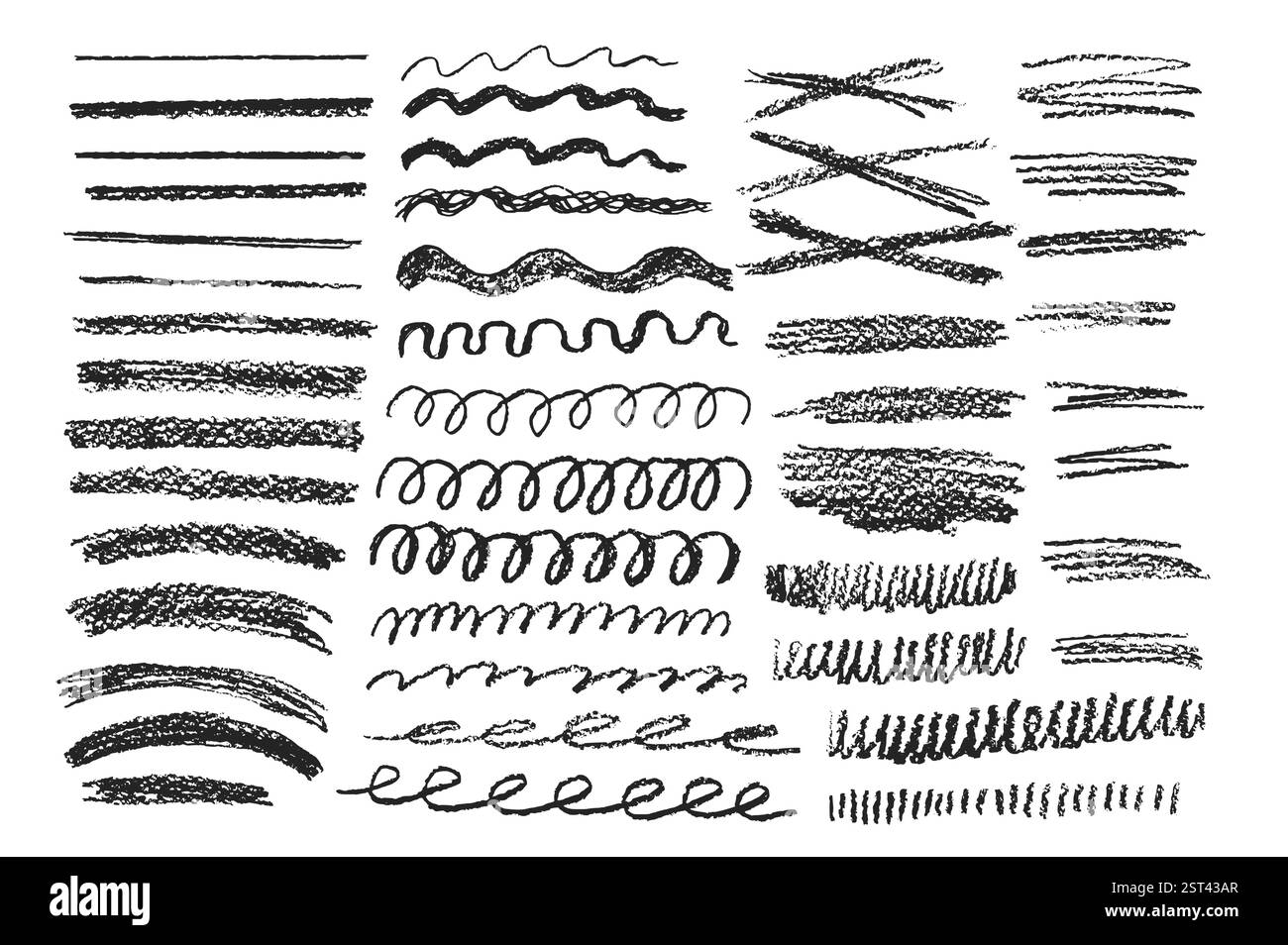 Set di sottolineatura carbone. Confezione di linee di tracciatura a matita. Scarabocchiare con gesso tratti ruvidi. Grunge gli elementi irregolari. Forme di enfasi del pastello. Coll. Disegnato a mano vettoriale Illustrazione Vettoriale