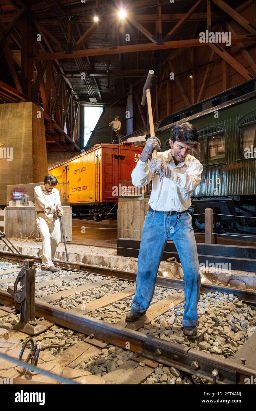 Manichini e attrezzature dei lavoratori ferroviari esposti in verticale al museo Foto Stock