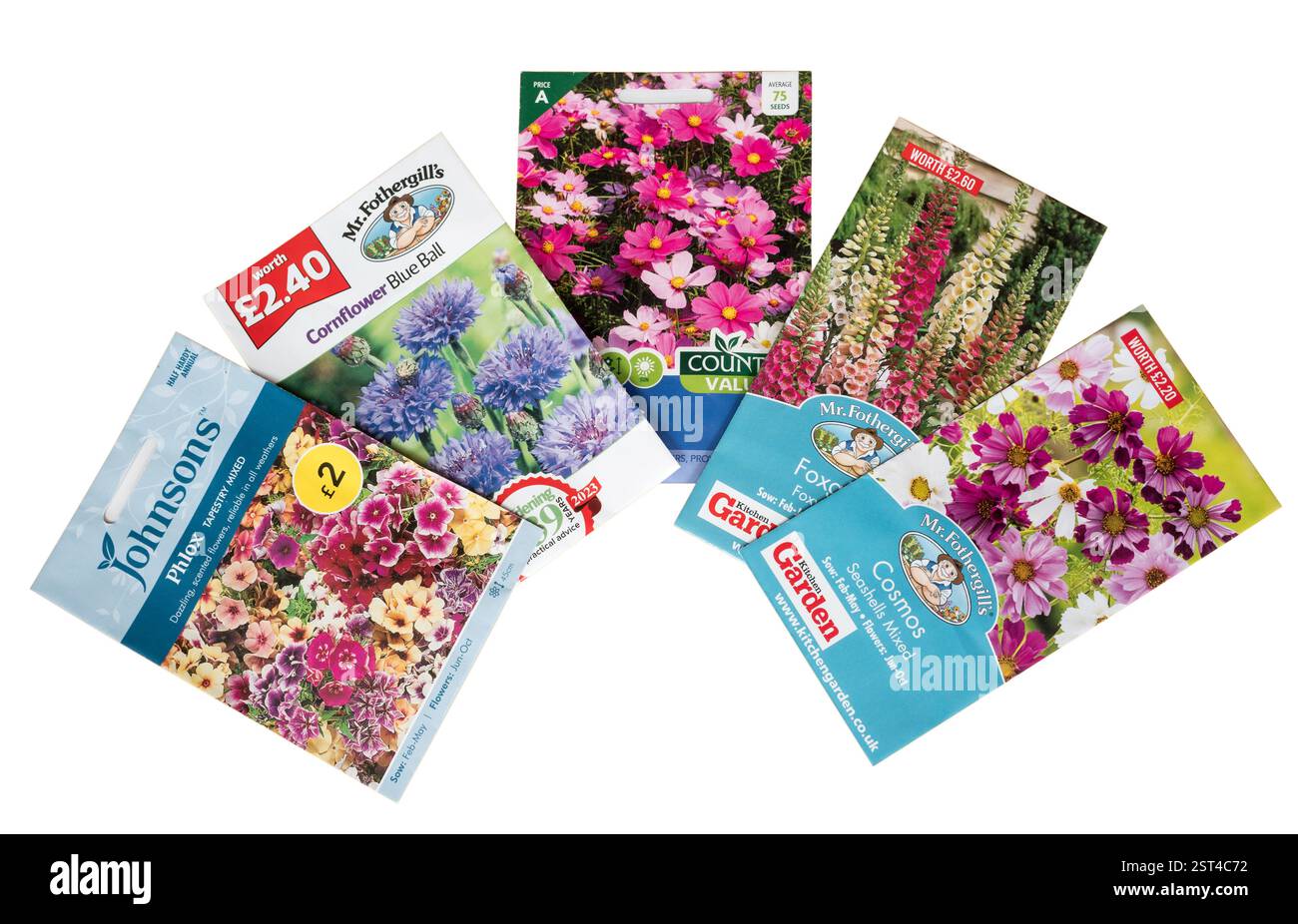 Pacchetti di semi di fiori isolati su sfondo bianco Foto Stock