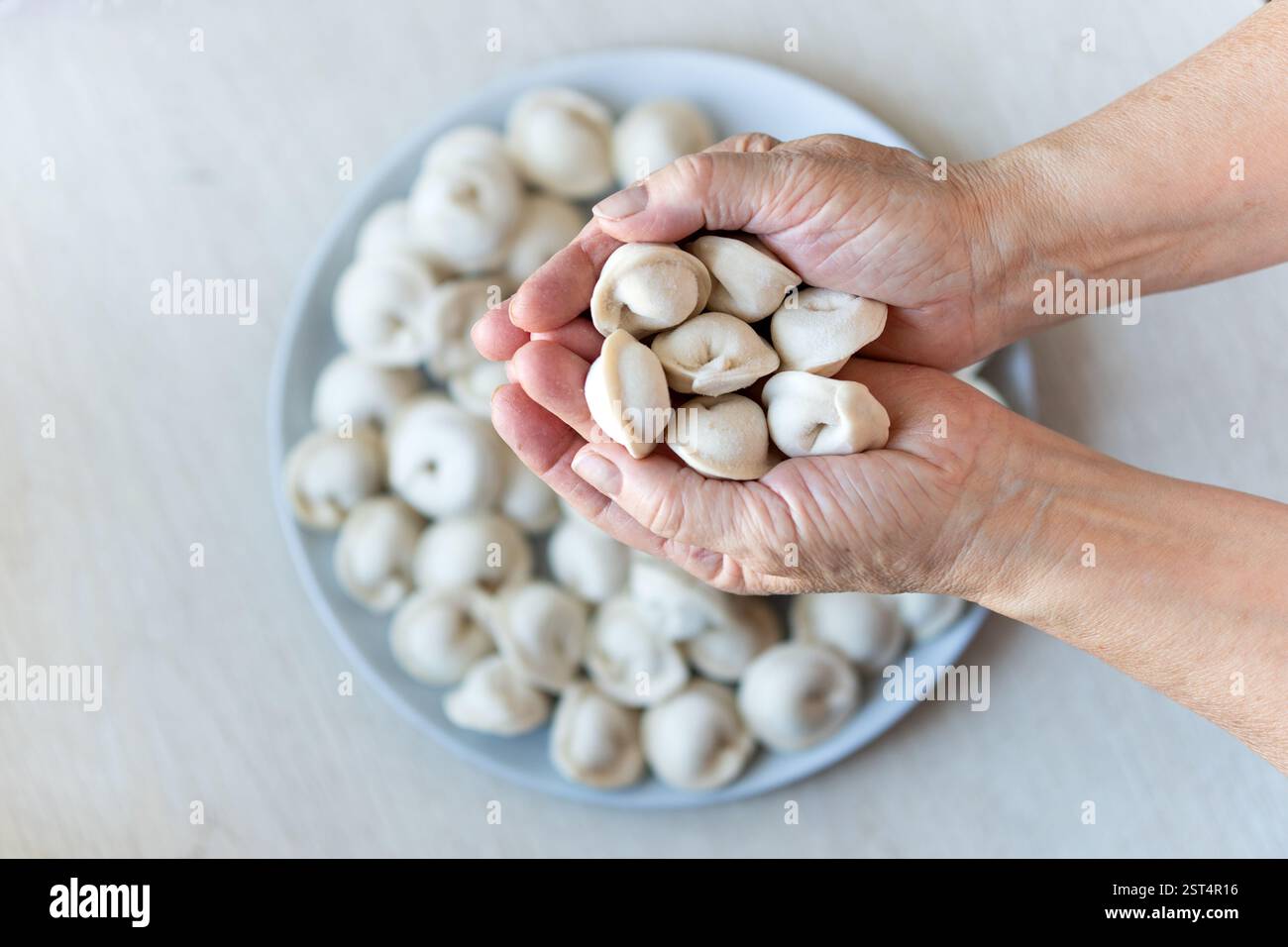 Gnocchi in stile asiatico preparati con le mani su un piatto gourmet. vista dall'alto , vista dall'alto Foto Stock
