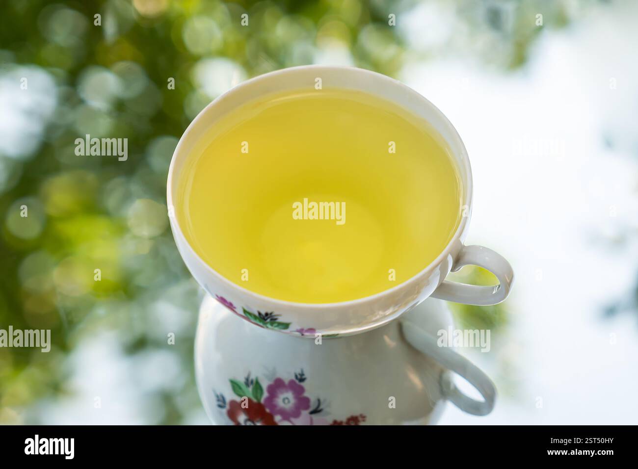Tazza di tè verde sul tavolo su sfondo sfocato verde Foto Stock