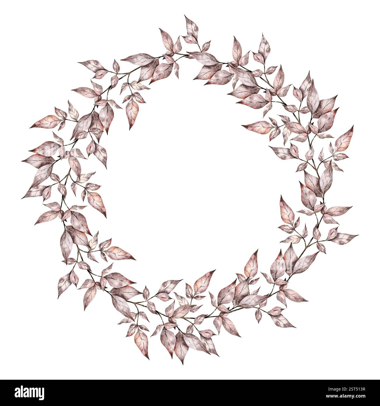 Corona di rami rosa con foglie su sfondo isolato. Disegno ad acquerello di erba secca per inviti o biglietti d'auguri stagionali elemen botanici Foto Stock