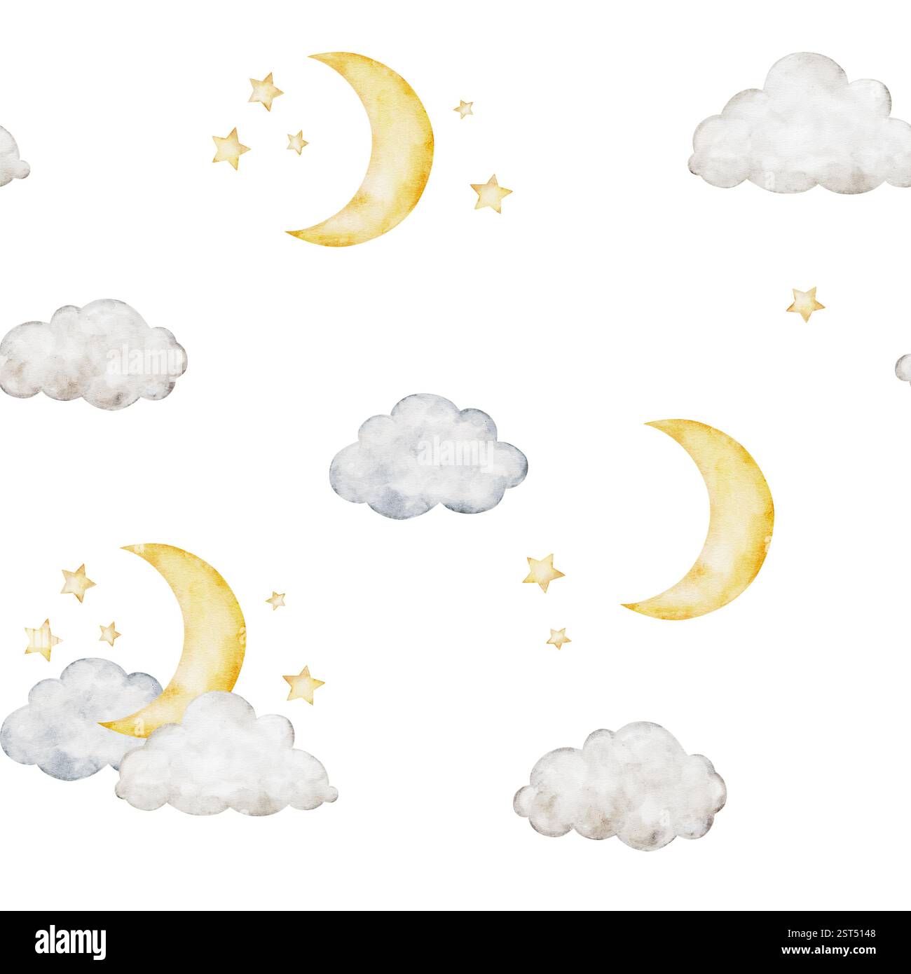Luna mezzaluna, nuvole e stelle. Piacevole motivo senza cuciture. Illustrazione del bambino con condizioni meteorologiche isolate in acquerello. Sfondo celeste per bambini per prodotti per bambini, Foto Stock