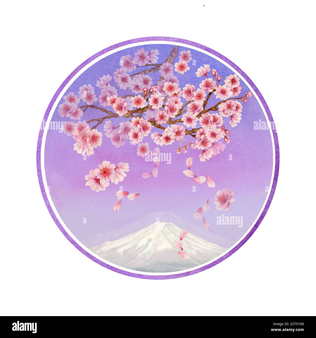 Ramificazione con fiori sakura in una cornice rotonda con vista di Fuji su sfondo a gradiente di colore. Fiori di ciliegio in fiore in primavera per l'Hanami Fest Foto Stock