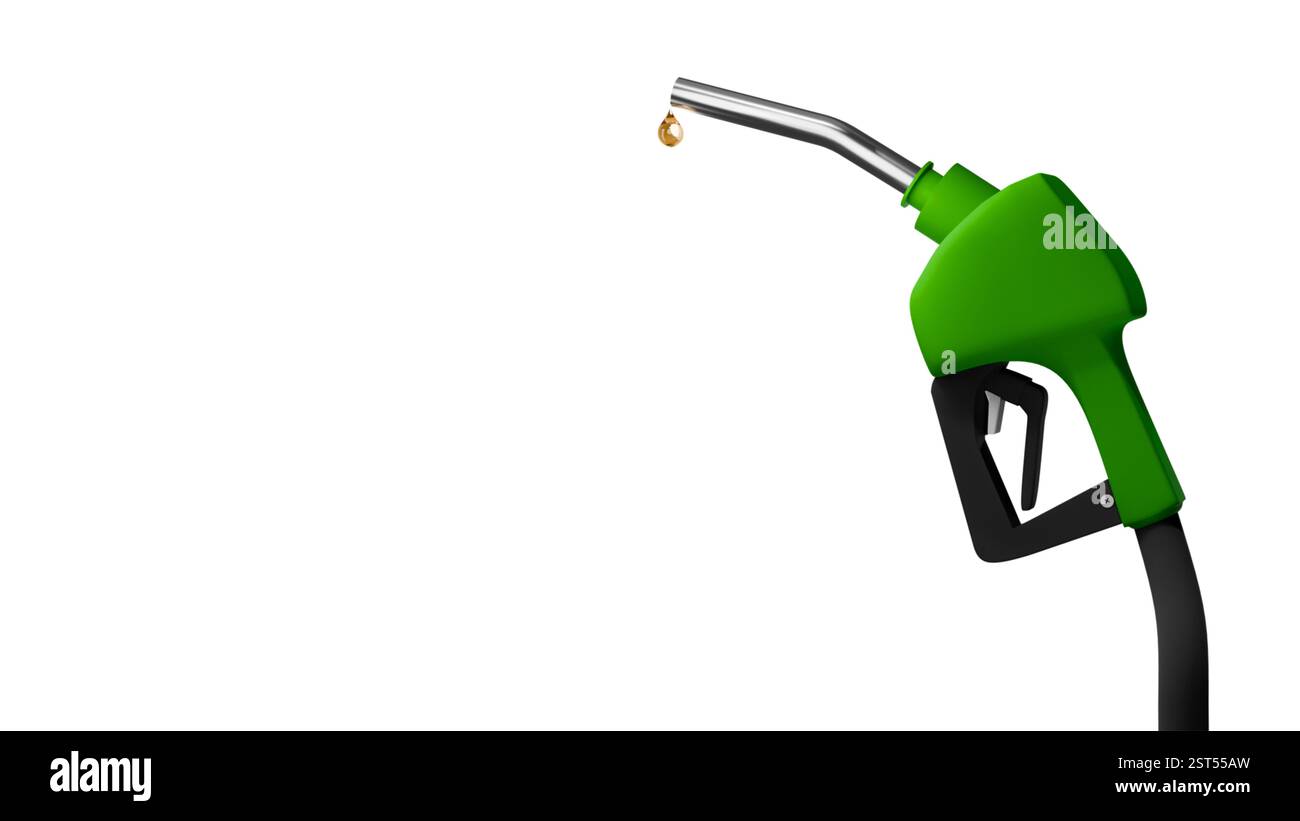 Modello 3D di una pistola a benzina verde e una goccia di benzina su sfondo bianco, pistola a benzina Foto Stock