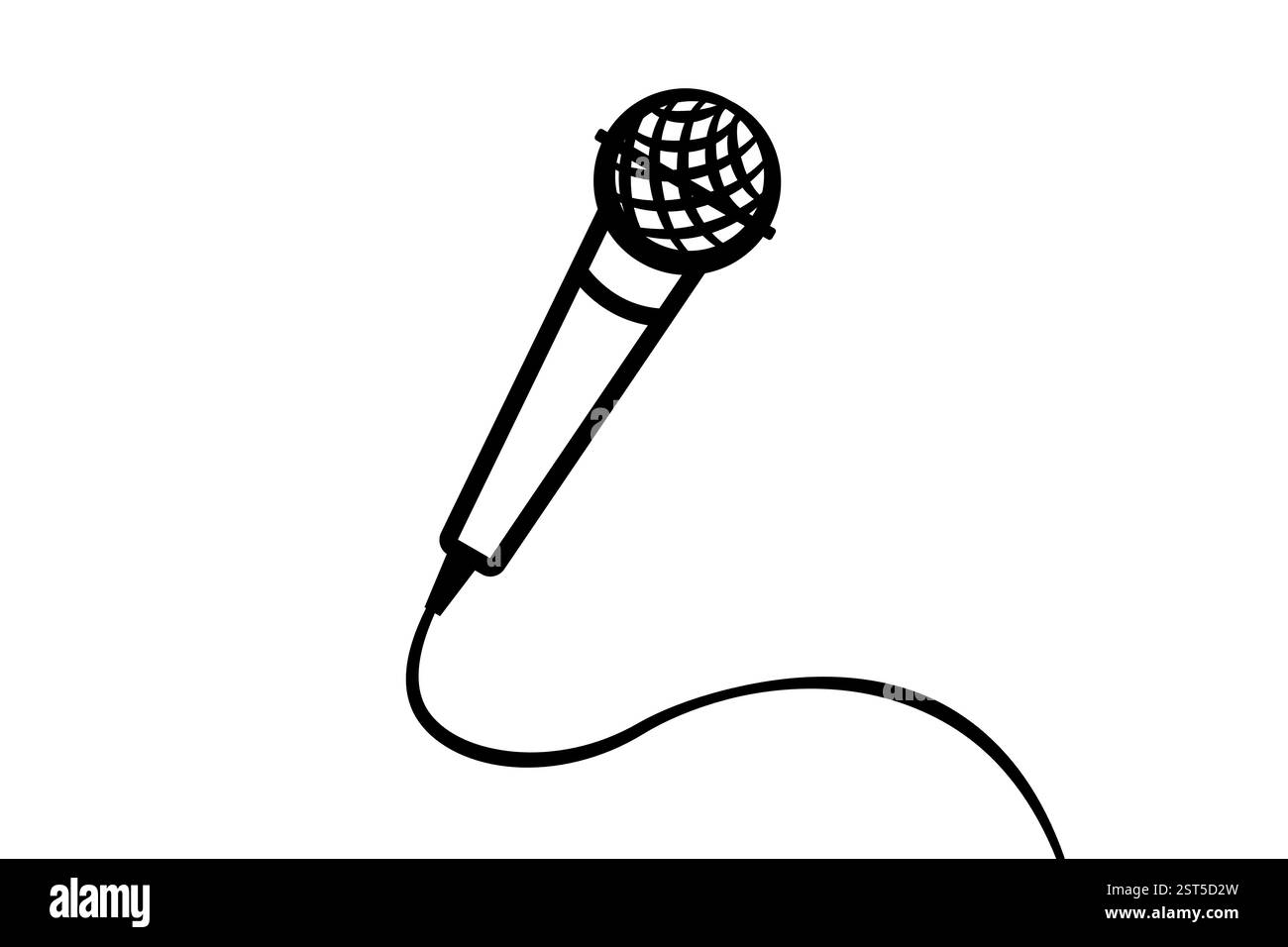 Immagine di un microfono su sfondo bianco. Illustrazione in bianco e nero. Microfono isolato. Design piatto. Foto Stock