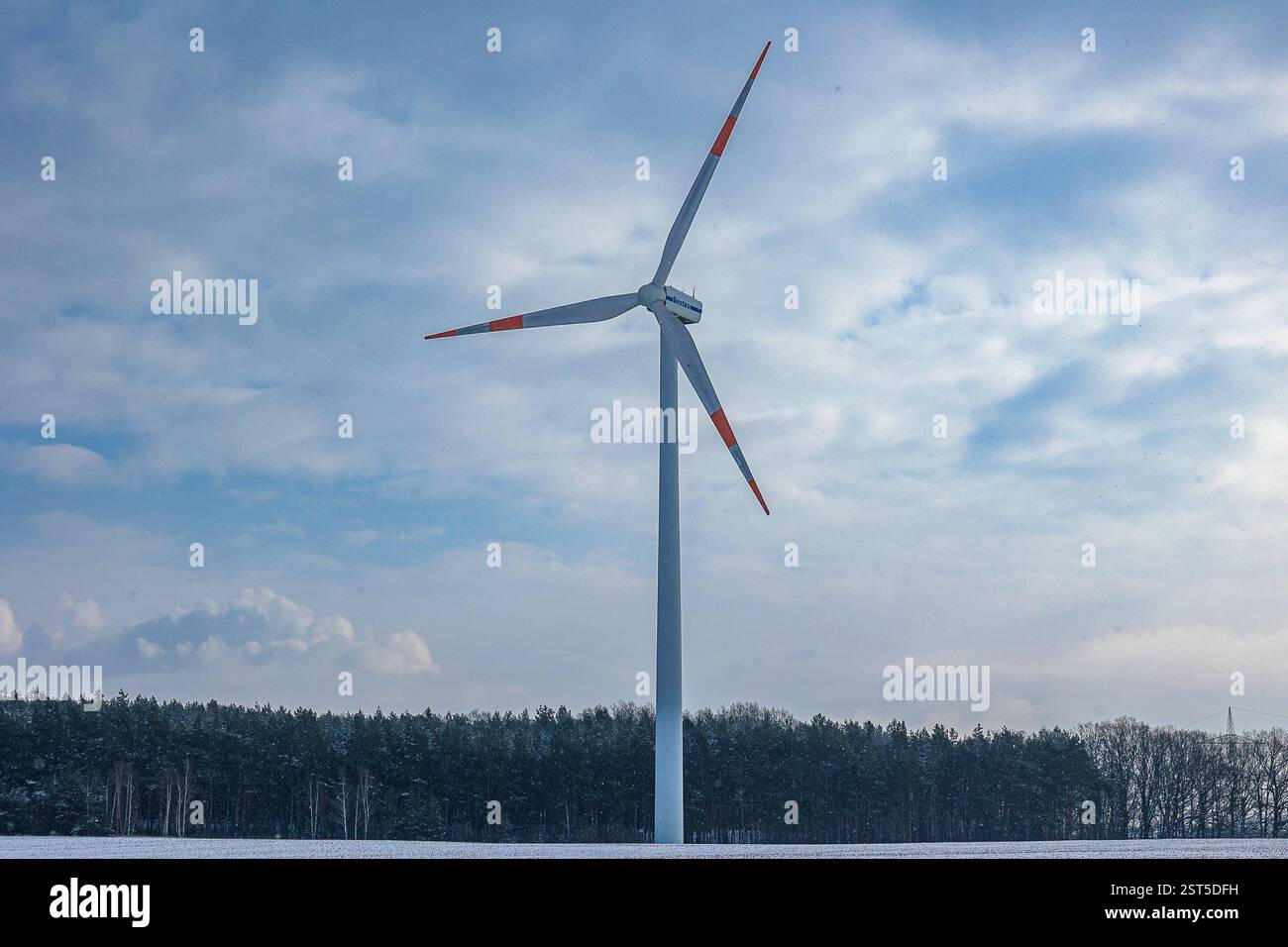 Wintereinbruch in Ostdeutschland, 16.02.2025 Deutschland, Windkraftanlage in einer winterlichen Landschaft vor einem bewölkten Himmel. Die Windturbine steht auf einem schneebedeckten Feld mit einem angrenzenden Wald im Hintergrund. DAS Bild symbolisiert erneuerbare Energien und nachhaltige Stromerzeugung im Winter. Puschwitz Guhra Sachsen Deutschland *** inizio dell'inverno nella Germania orientale, 16 02 2025 Germania, turbina eolica in un paesaggio ventoso contro un cielo nuvoloso la turbina eolica sorge su un campo innevato con una foresta adiacente sullo sfondo l'immagine simboleggia l'energia rinnovabile e. Foto Stock